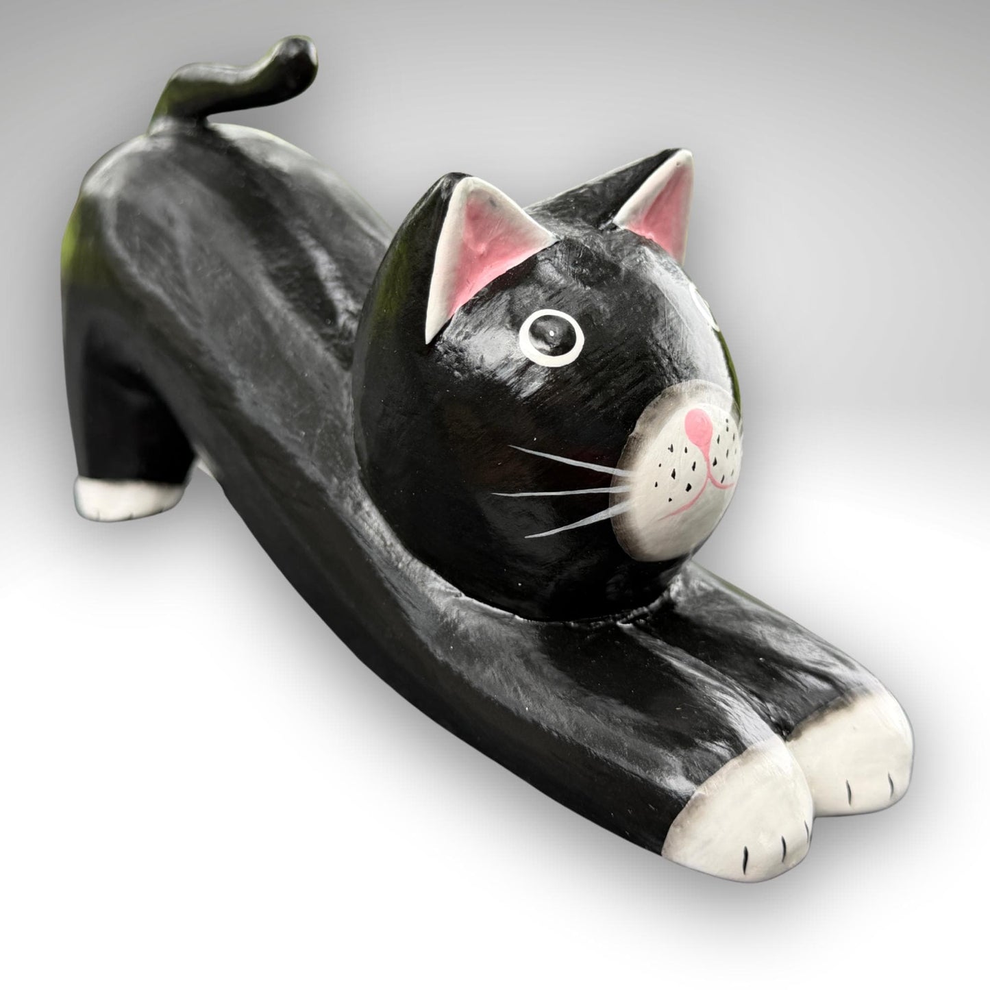 Playful Pouncing Cat Statue,  Hand Carved Wood & Colorfully Painted, Balinese Folk Art