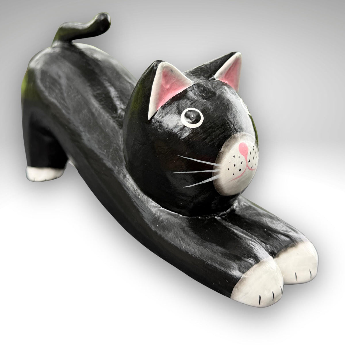 Playful Pouncing Cat Statue,  Hand Carved Wood & Colorfully Painted, Balinese Folk Art - Acadia World Traders