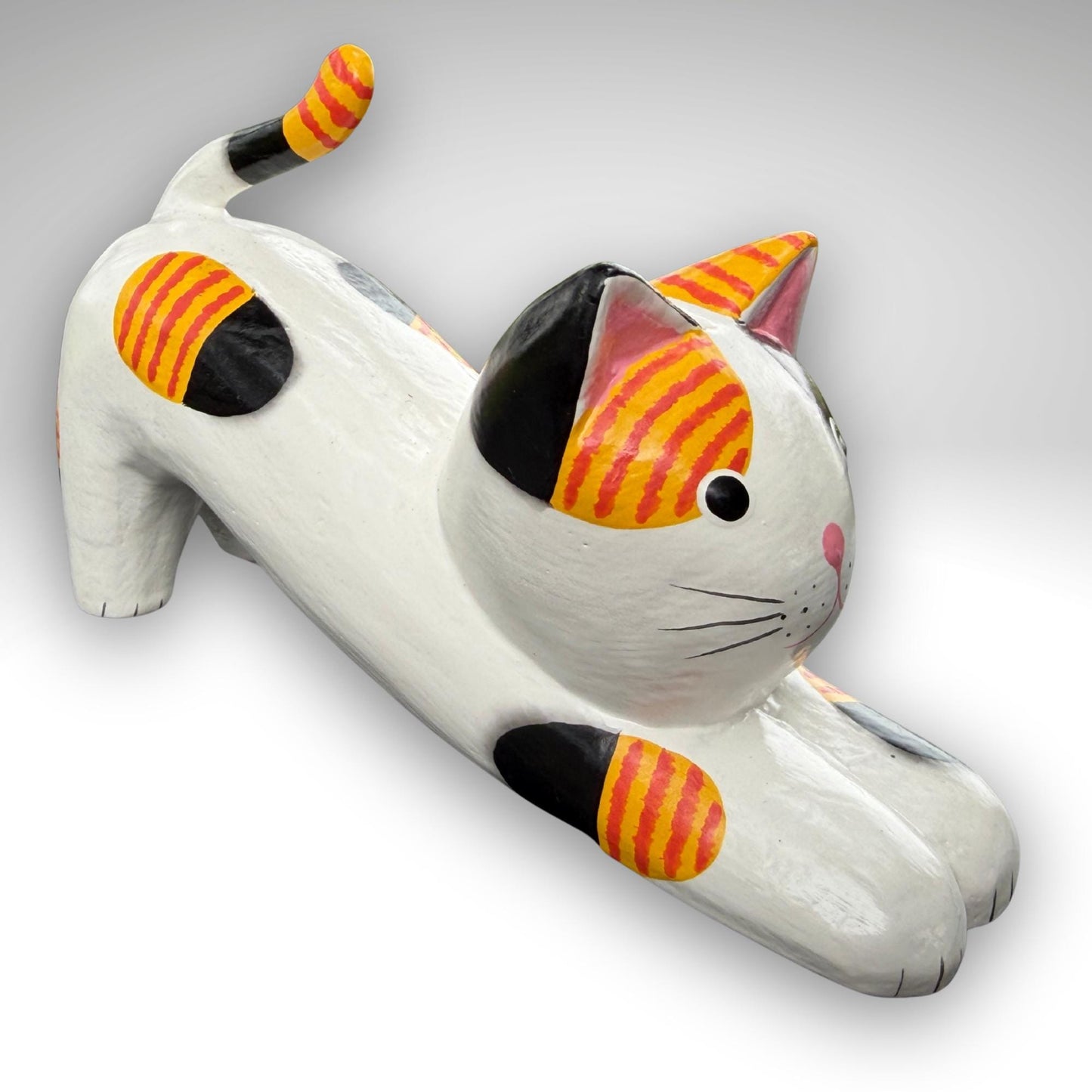 Playful Pouncing Cat Statue,  Hand Carved Wood & Colorfully Painted, Balinese Folk Art