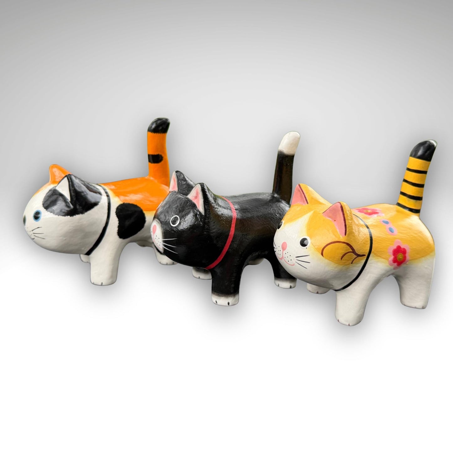 Playful Fat Cat Statue,  Hand Carved Wood & Colorfully Painted, Balinese Folk Art
