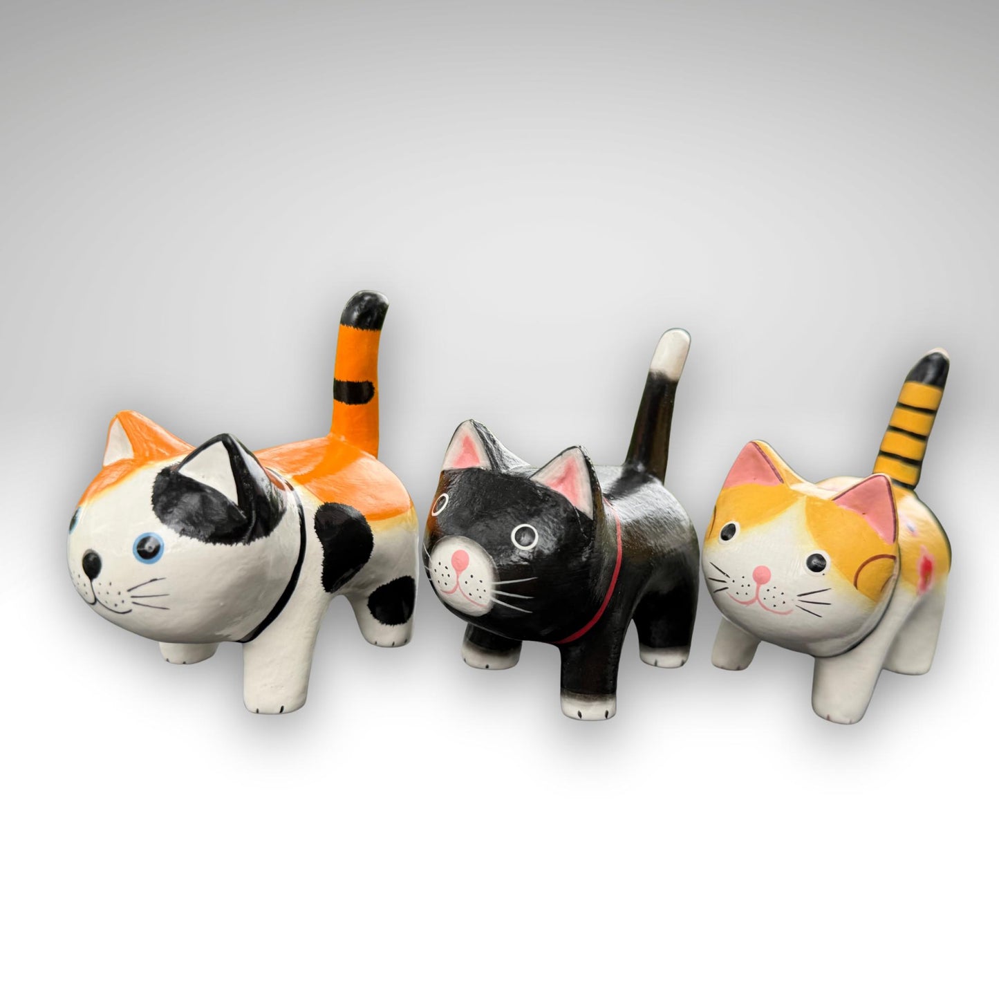 Playful Fat Cat Statue,  Hand Carved Wood & Colorfully Painted, Balinese Folk Art