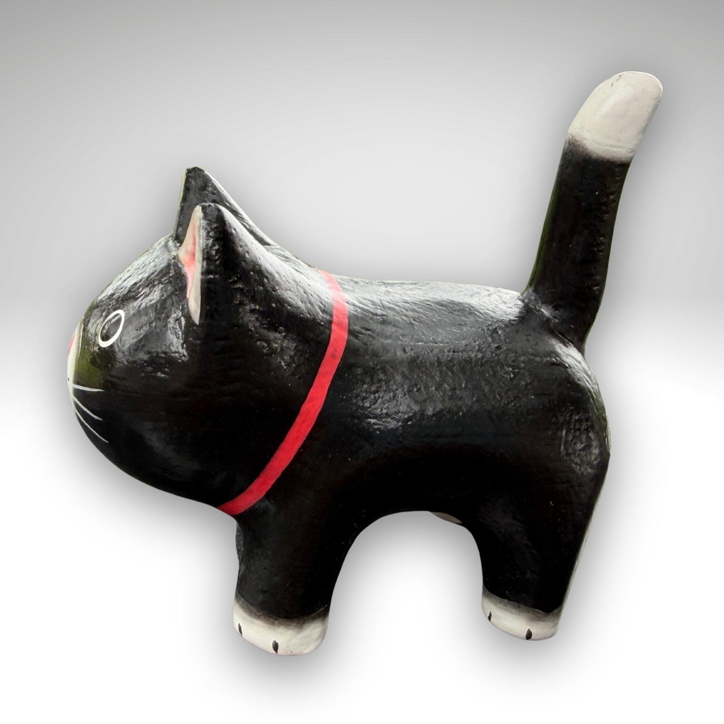 Playful Fat Cat Statue,  Hand Carved Wood & Colorfully Painted, Balinese Folk Art