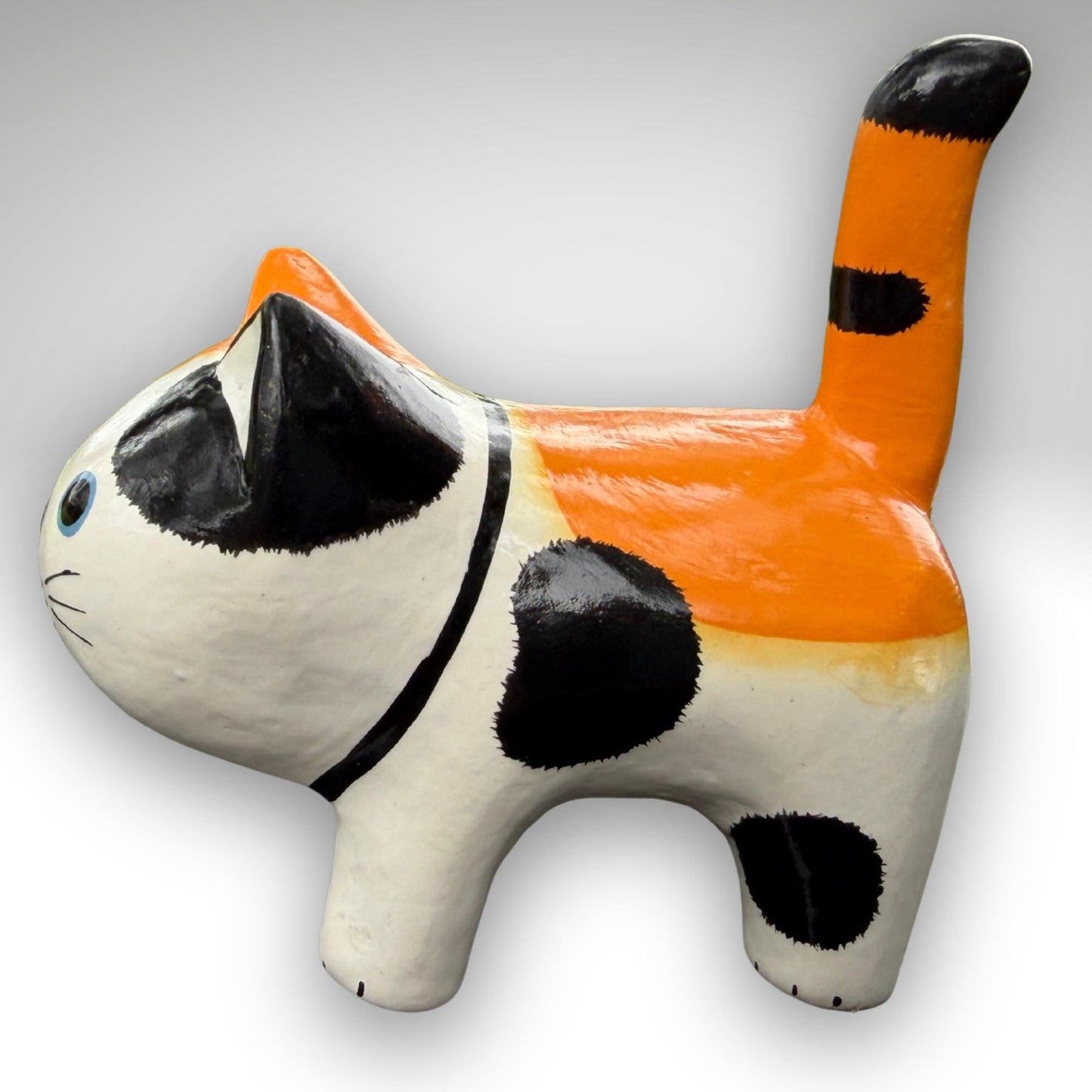 Playful Fat Cat Statue,  Hand Carved Wood & Colorfully Painted, Balinese Folk Art