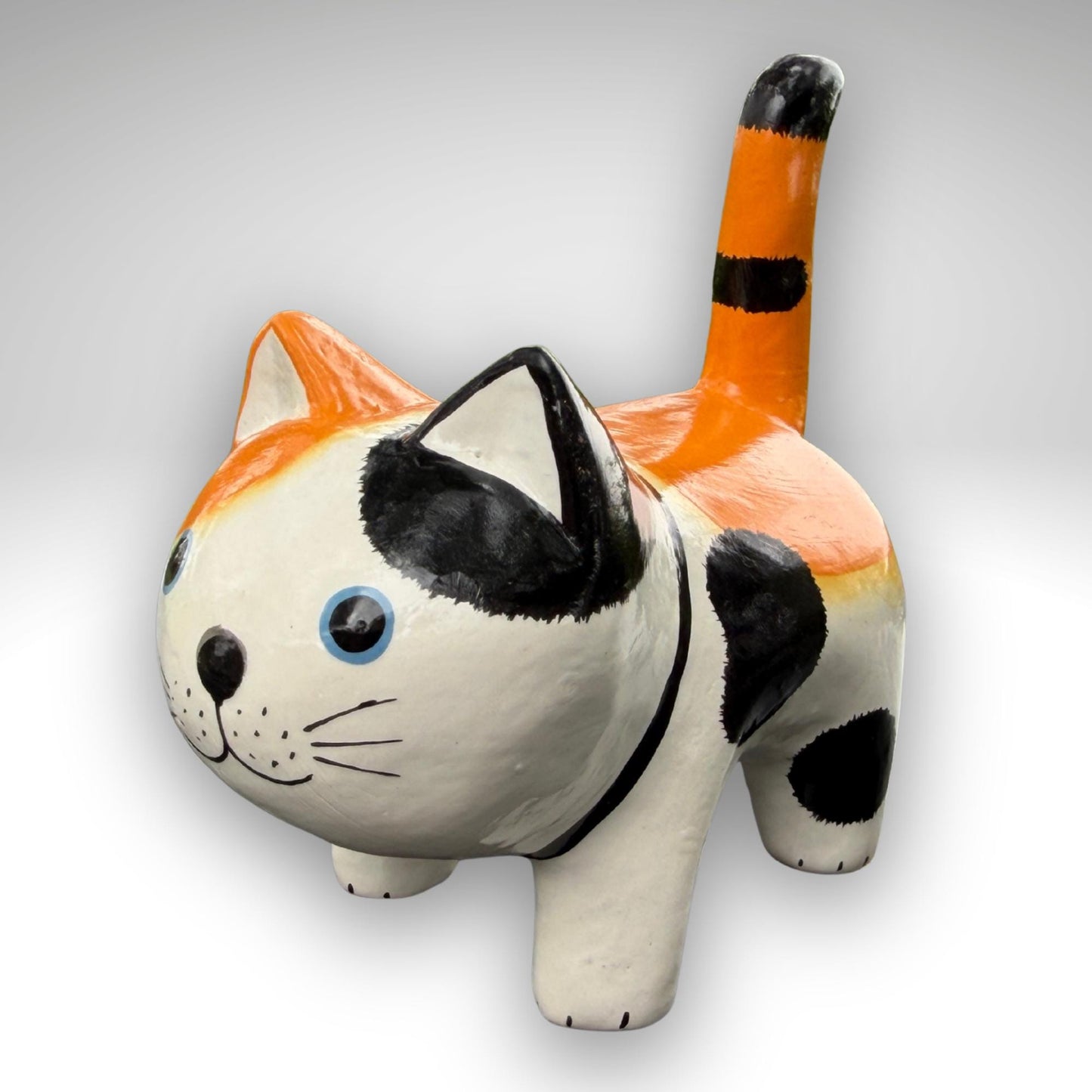 Playful Fat Cat Statue,  Hand Carved Wood & Colorfully Painted, Balinese Folk Art