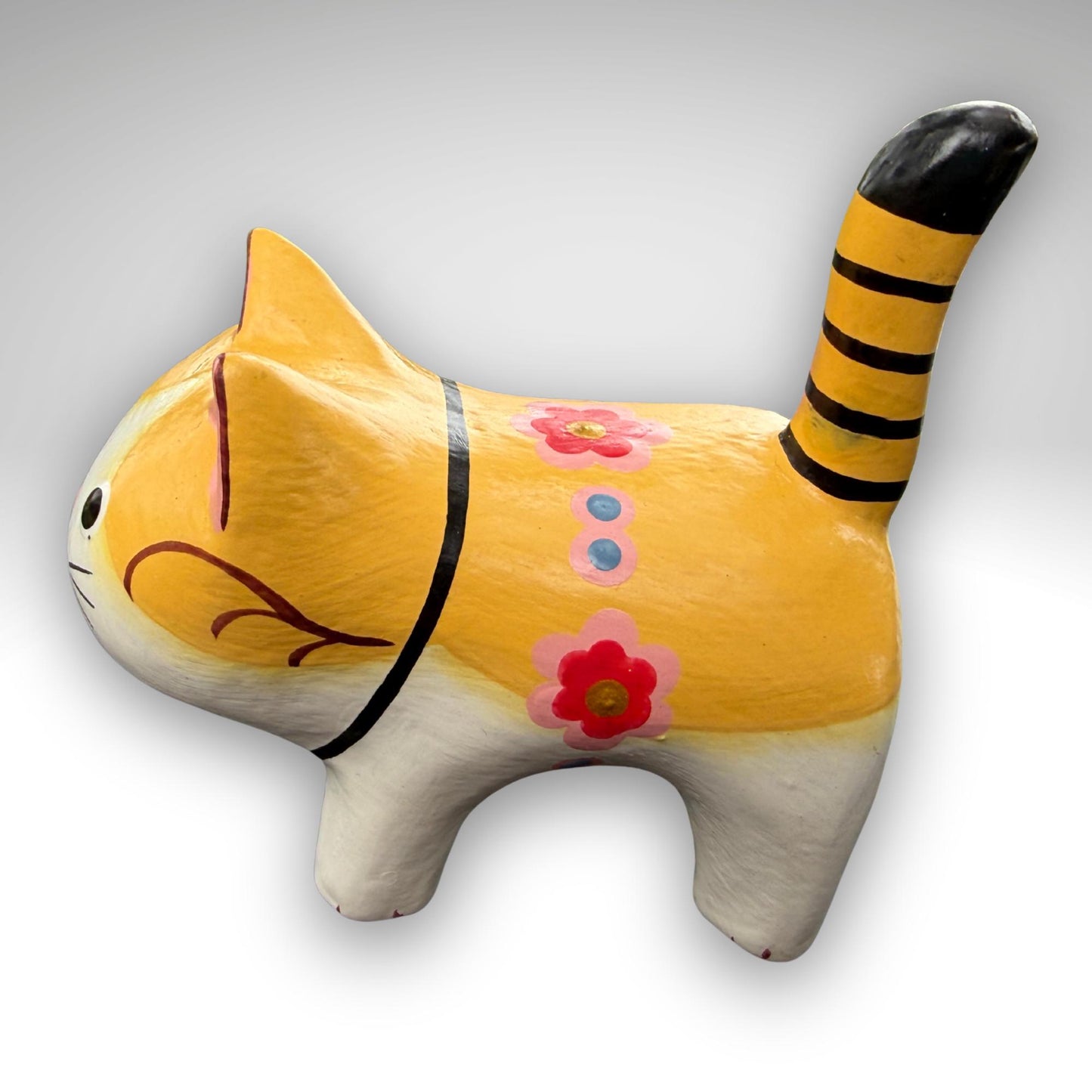 Playful Fat Cat Statue,  Hand Carved Wood & Colorfully Painted, Balinese Folk Art