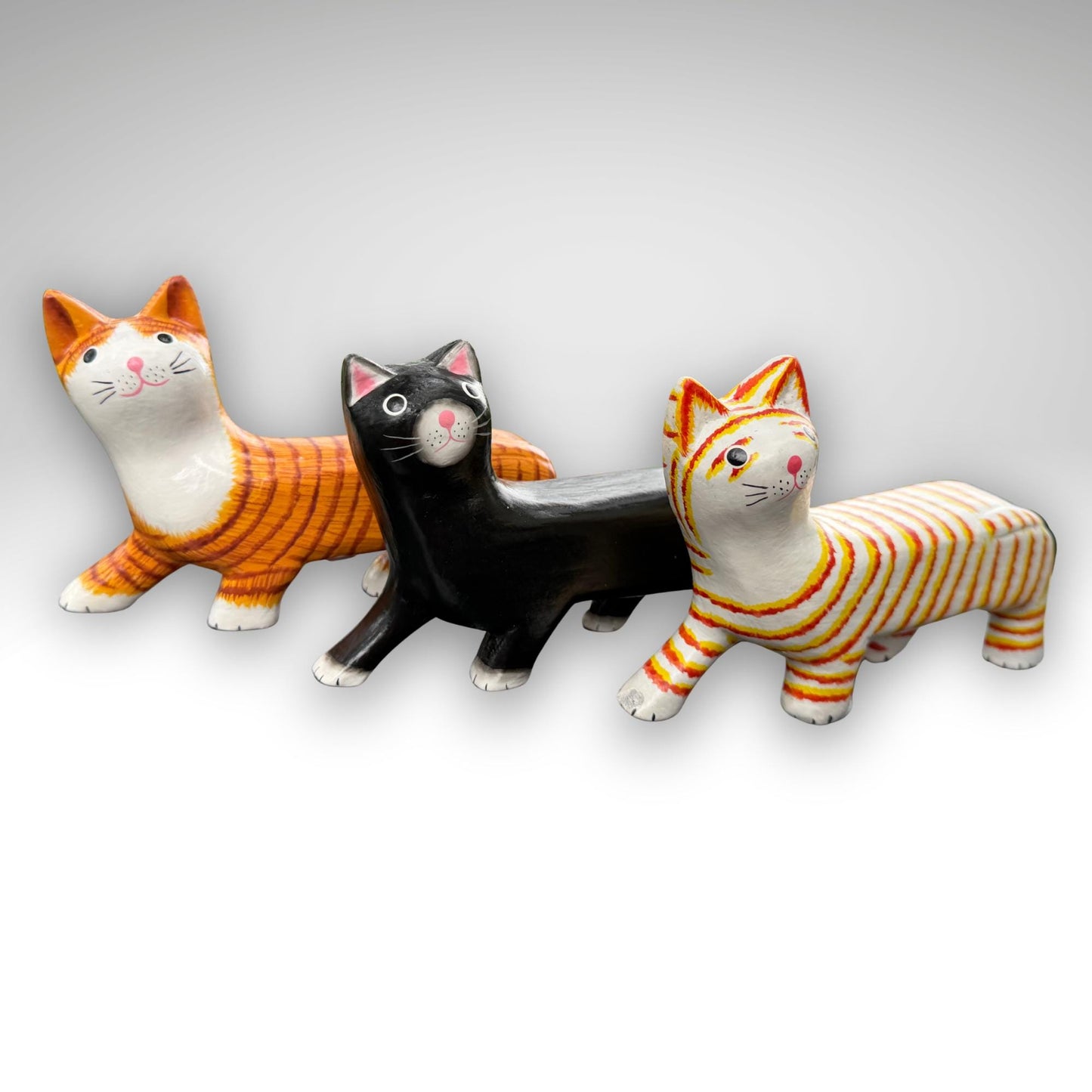 Playful Slinky Cat Statue,  Hand Carved Wood & Colorfully Painted, Balinese Folk Art