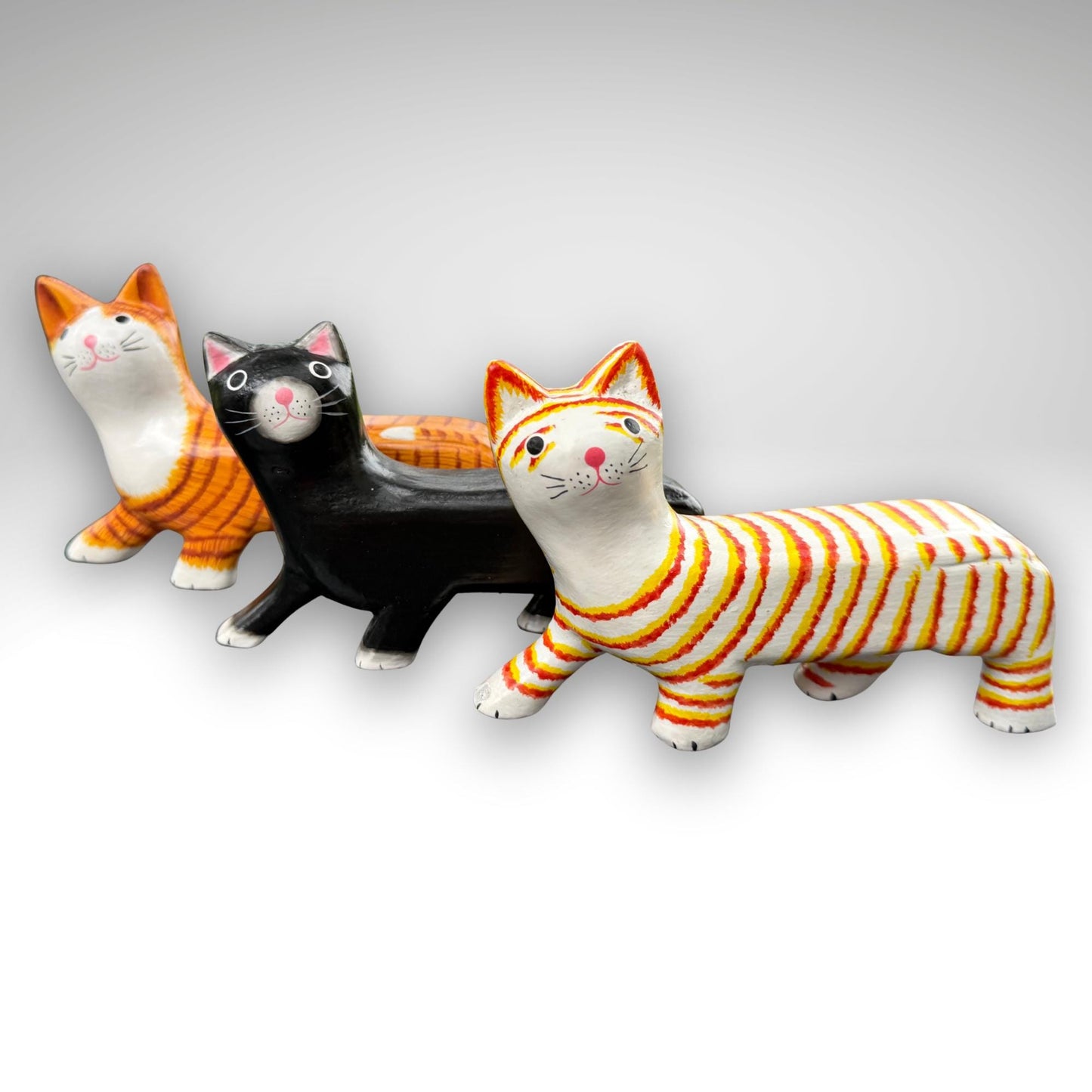 Playful Slinky Cat Statue,  Hand Carved Wood & Colorfully Painted, Balinese Folk Art