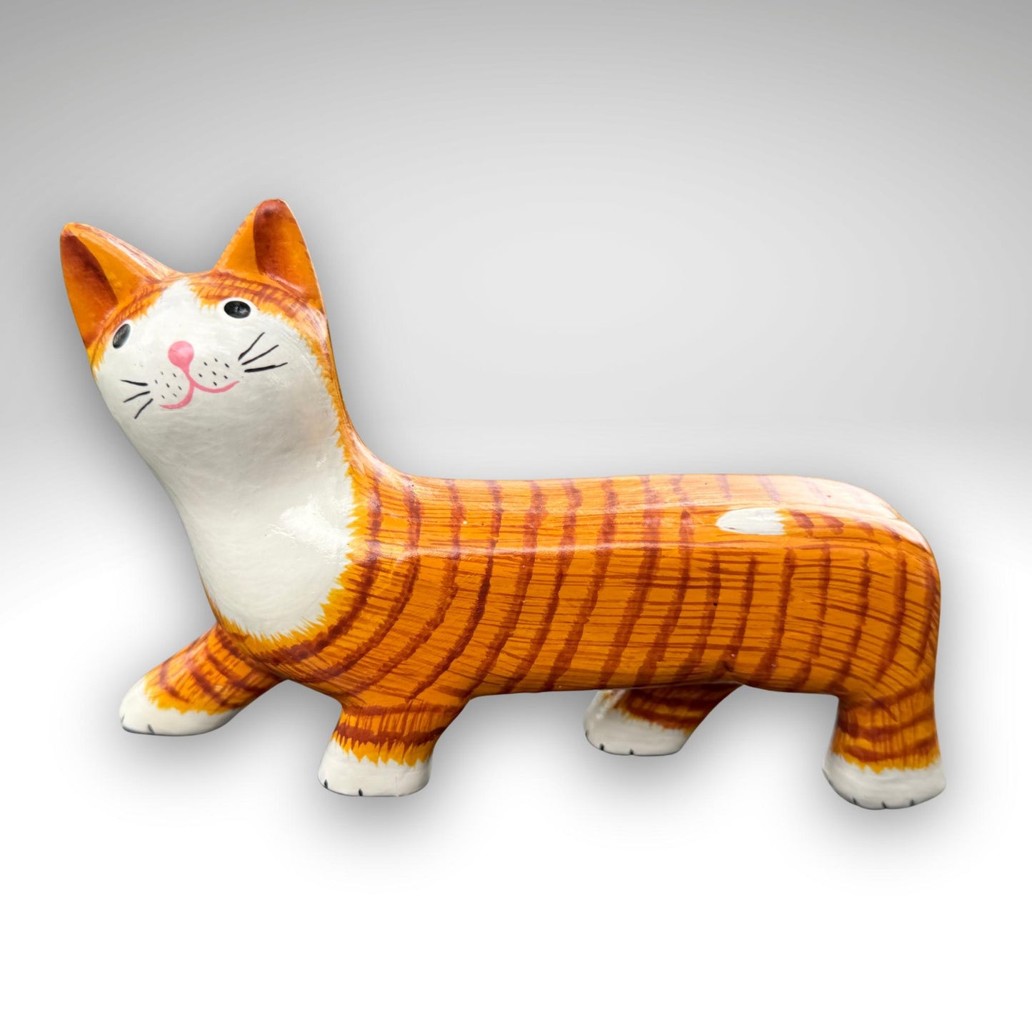 Playful Slinky Cat Statue,  Hand Carved Wood & Colorfully Painted, Balinese Folk Art