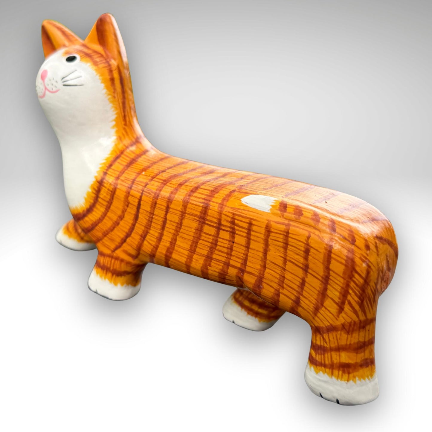 Playful Slinky Cat Statue,  Hand Carved Wood & Colorfully Painted, Balinese Folk Art