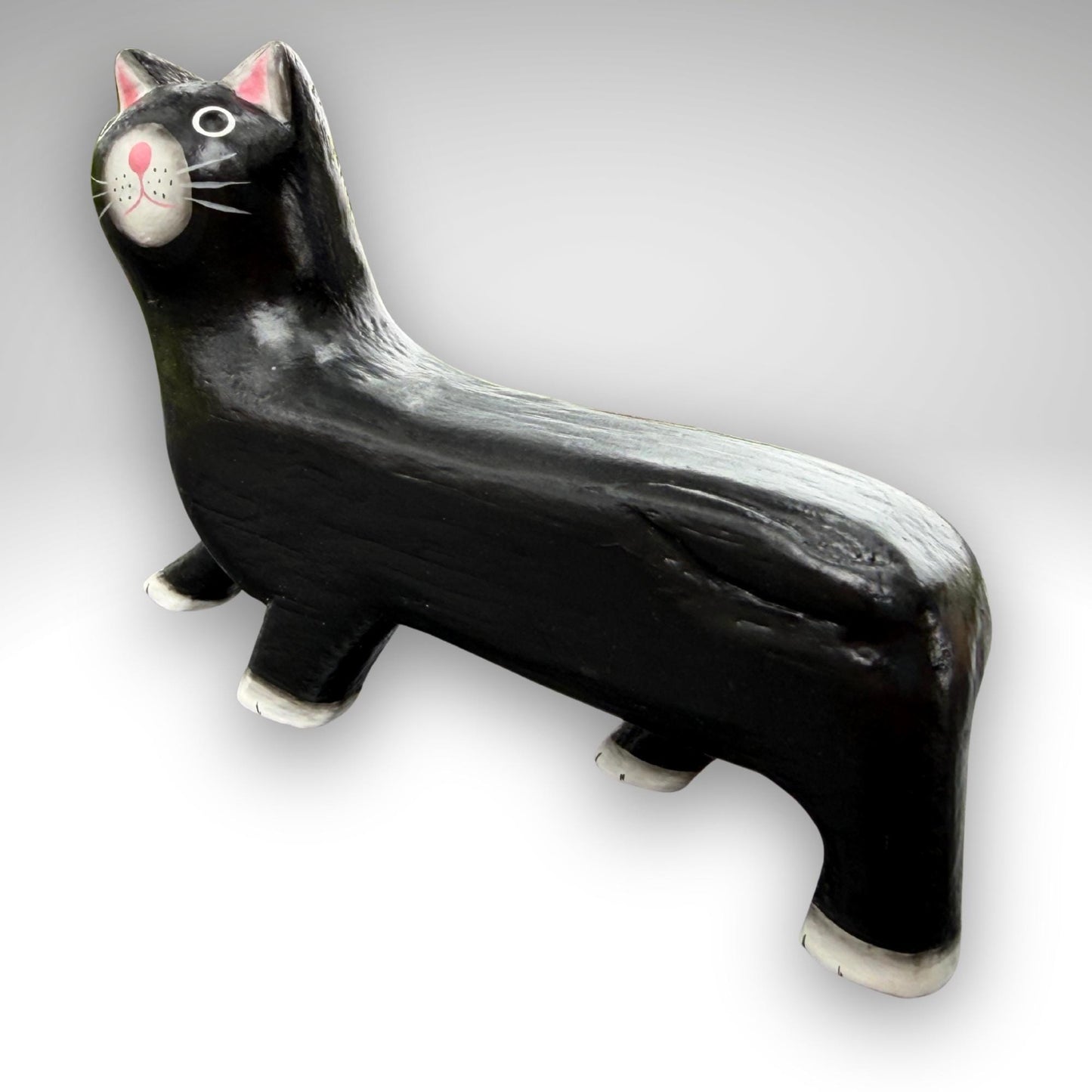 Playful Slinky Cat Statue,  Hand Carved Wood & Colorfully Painted, Balinese Folk Art
