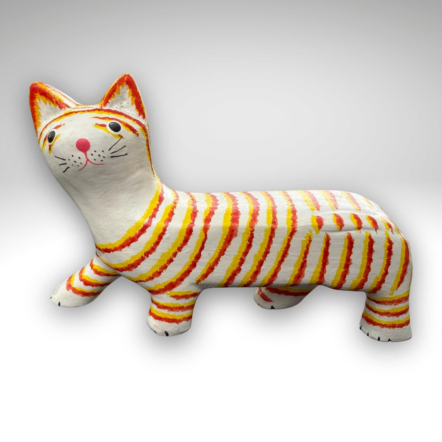 Playful Slinky Cat Statue,  Hand Carved Wood & Colorfully Painted, Balinese Folk Art