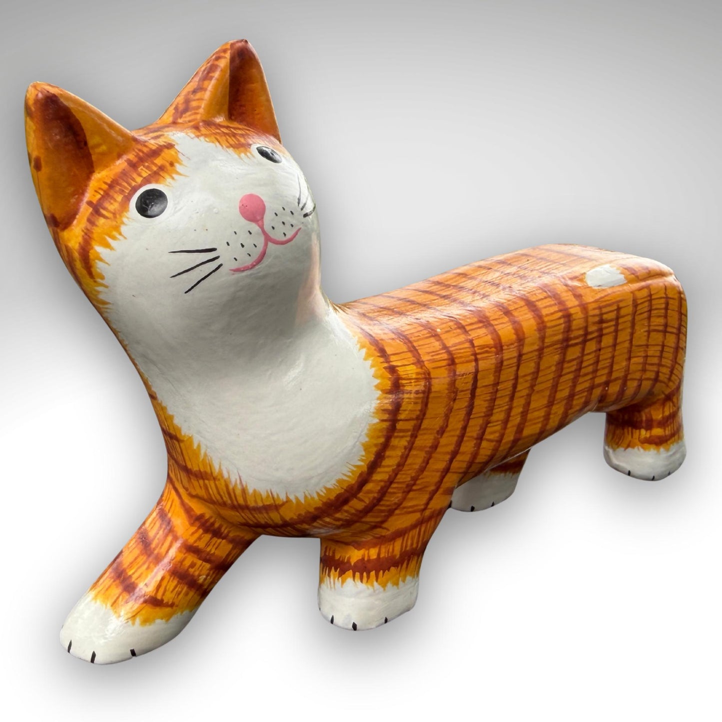 Playful Slinky Cat Statue,  Hand Carved Wood & Colorfully Painted, Balinese Folk Art