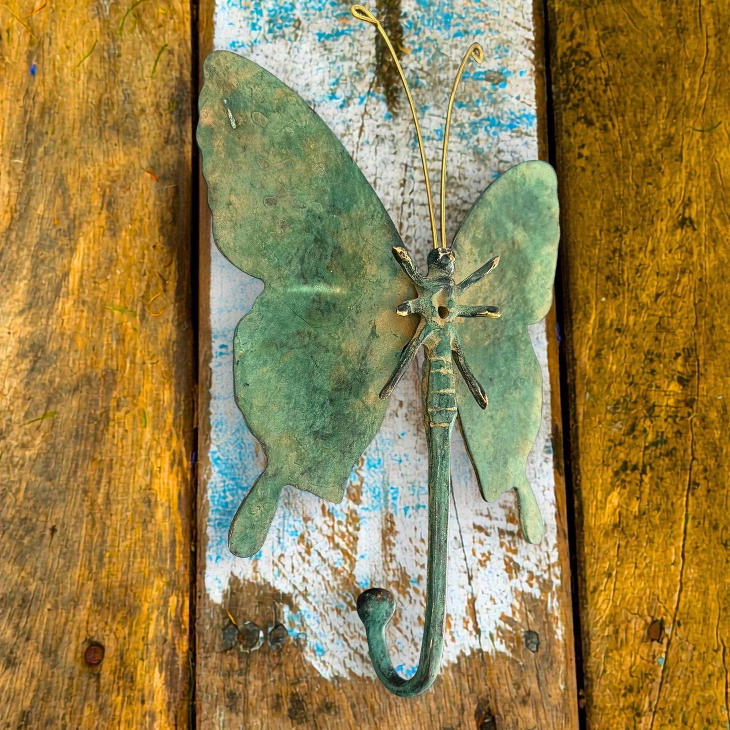 Butterfly Wall Coat Hook Handmade Verdigris Green solid cast Bronze Metal Handmade Balinese Art