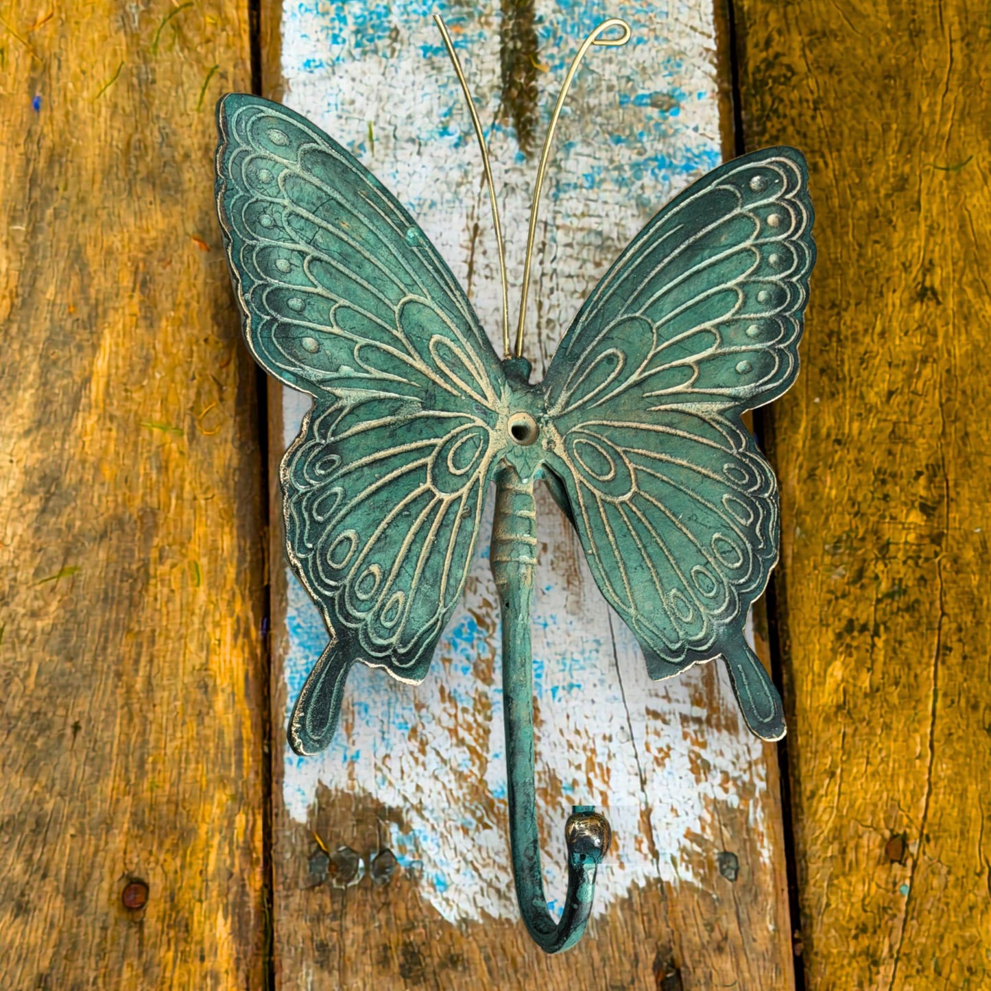 Butterfly Wall Coat Hook Handmade Verdigris Green solid cast Bronze Metal Handmade Balinese Art