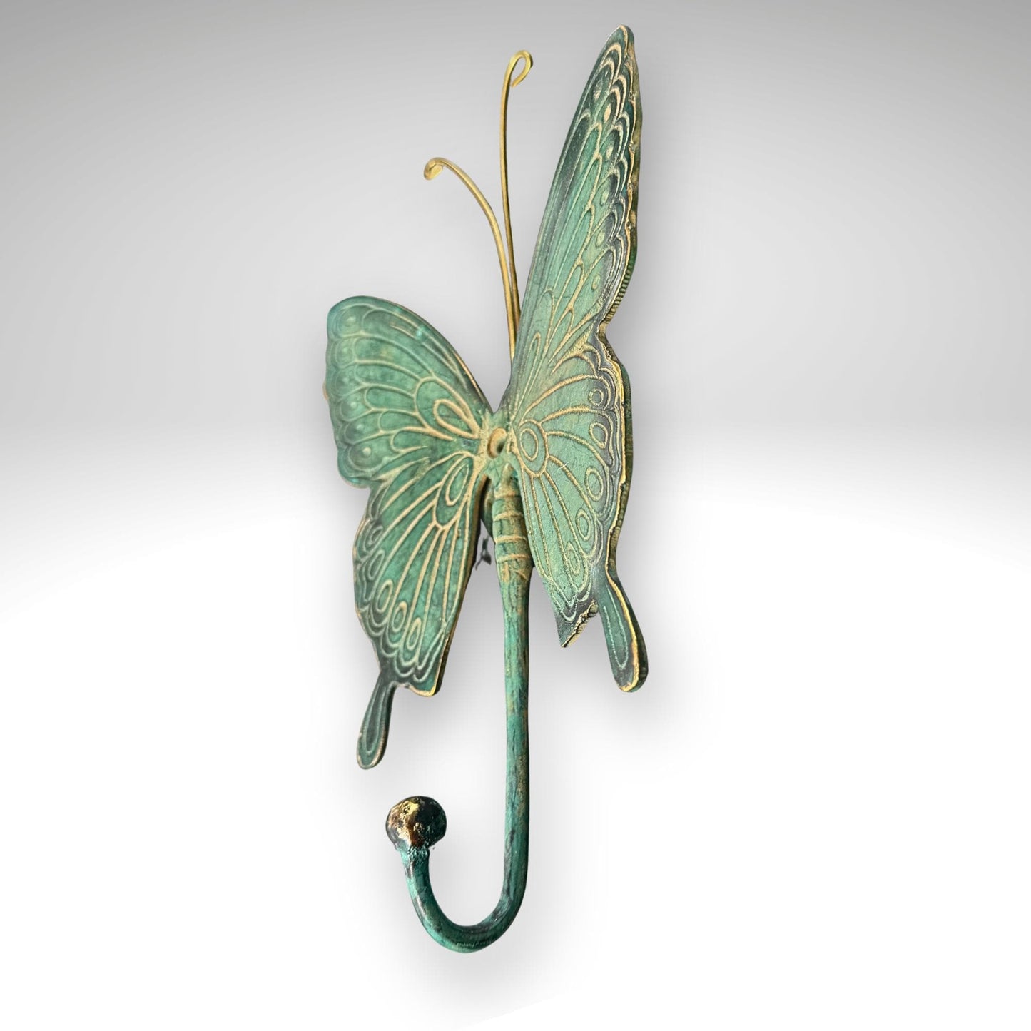 Butterfly Wall Coat Hook Handmade Verdigris Green solid cast Bronze Metal Handmade Balinese Art