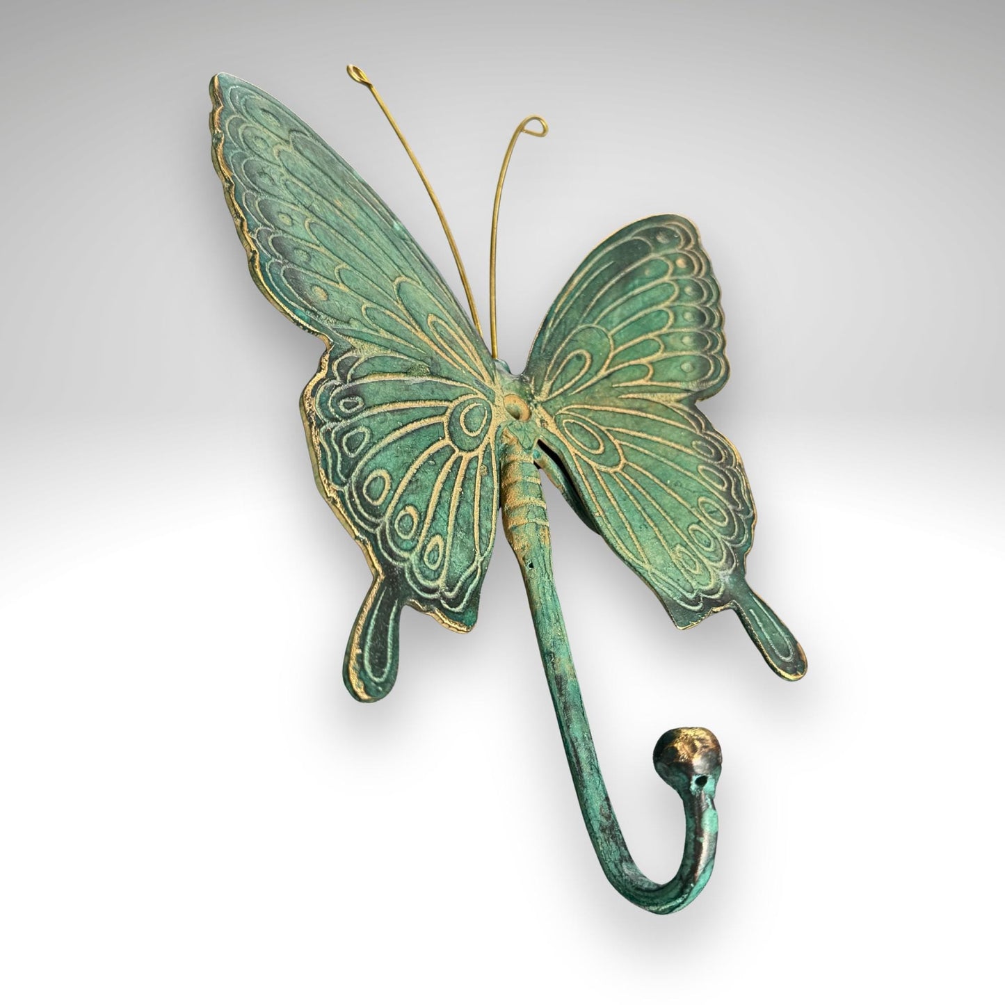 Butterfly Wall Coat Hook Handmade Verdigris Green solid cast Bronze Metal Handmade Balinese Art
