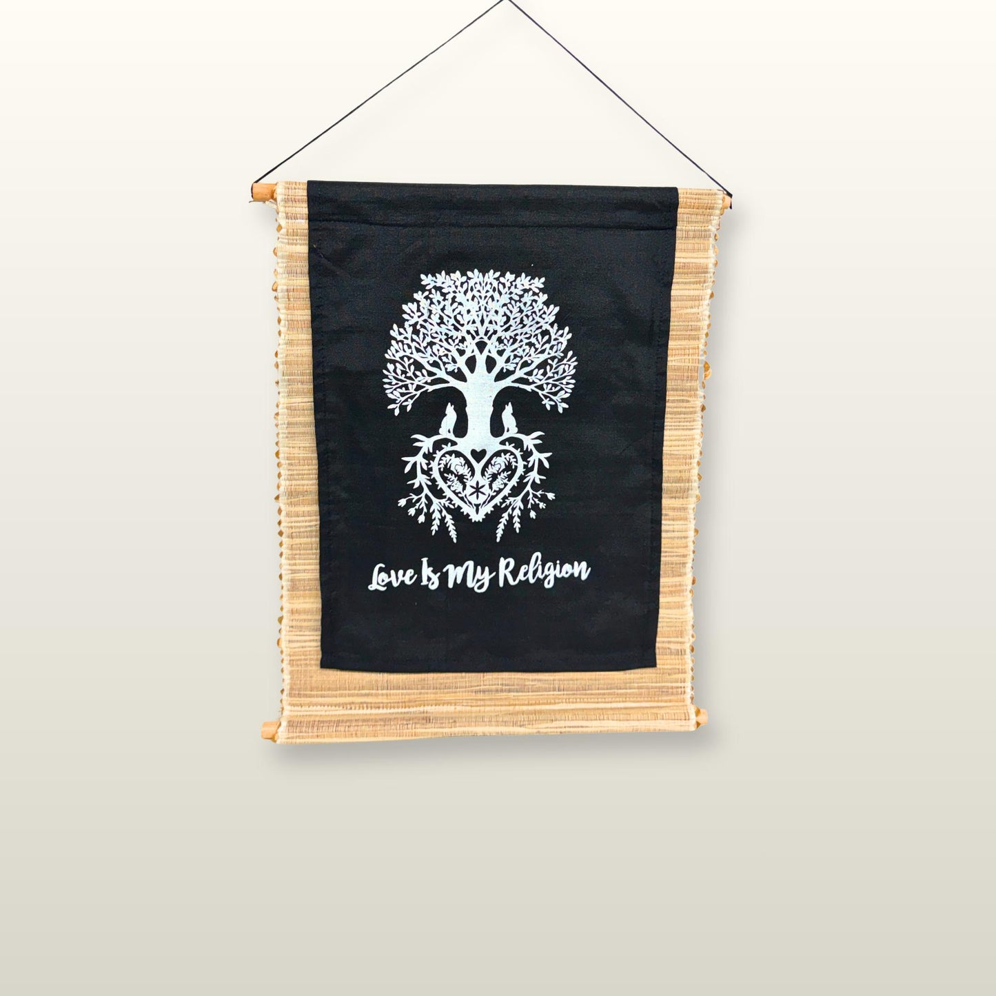 Love is My Religion Woven Abaca Fiber Banner: Tree of Life Affirmation Wall Art