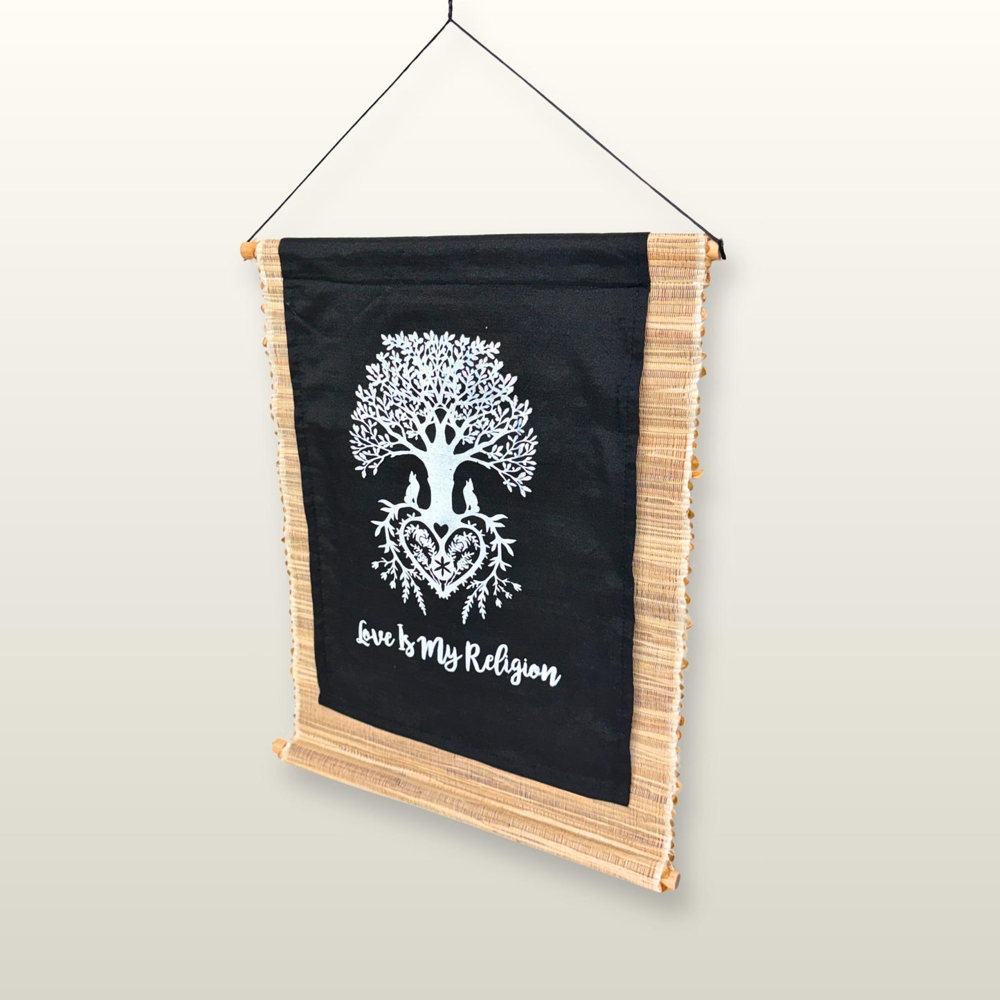 Love is My Religion Woven Abaca Fiber Banner: Tree of Life Affirmation Wall Art