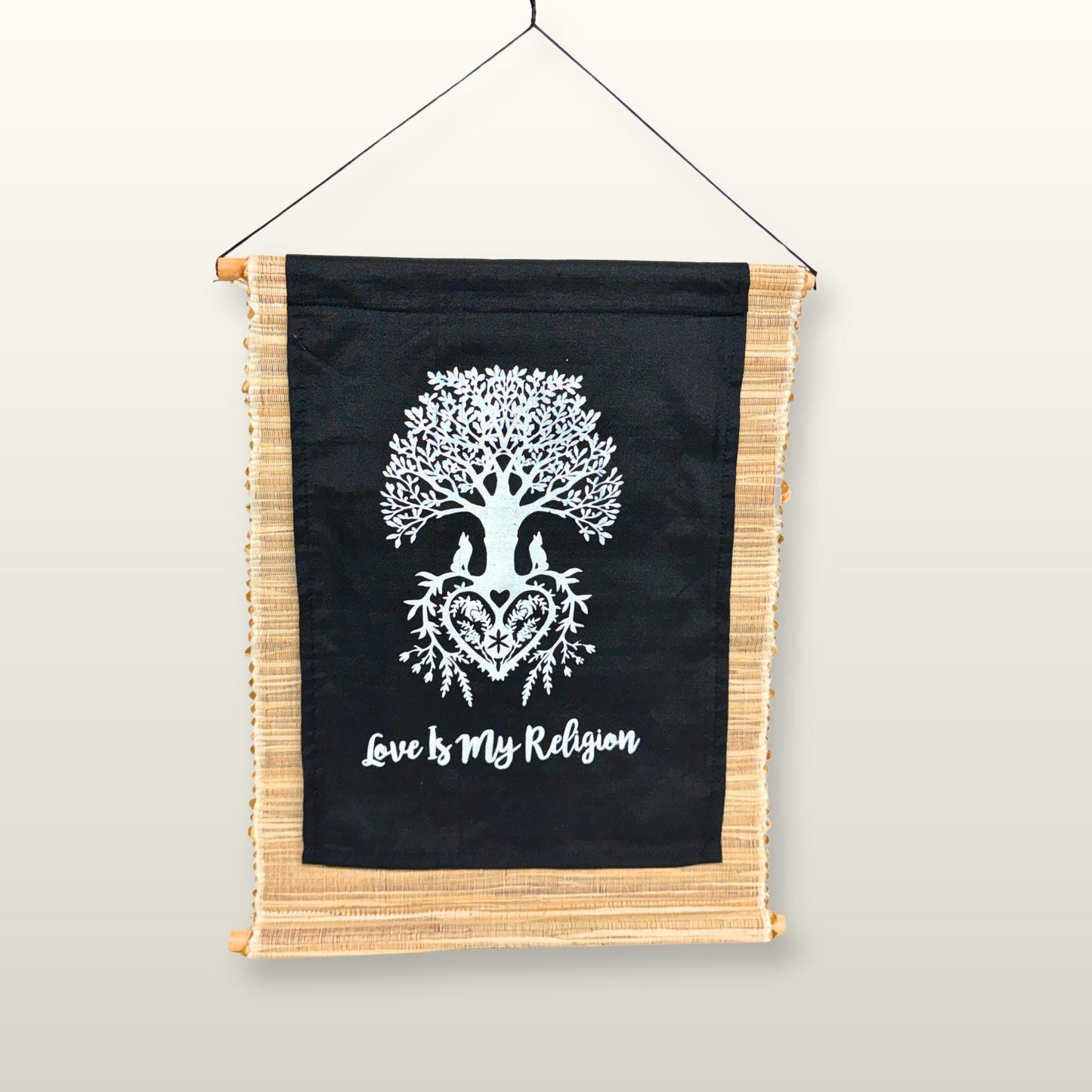 Love is My Religion Woven Abaca Fiber Banner: Tree of Life Affirmation Wall Art