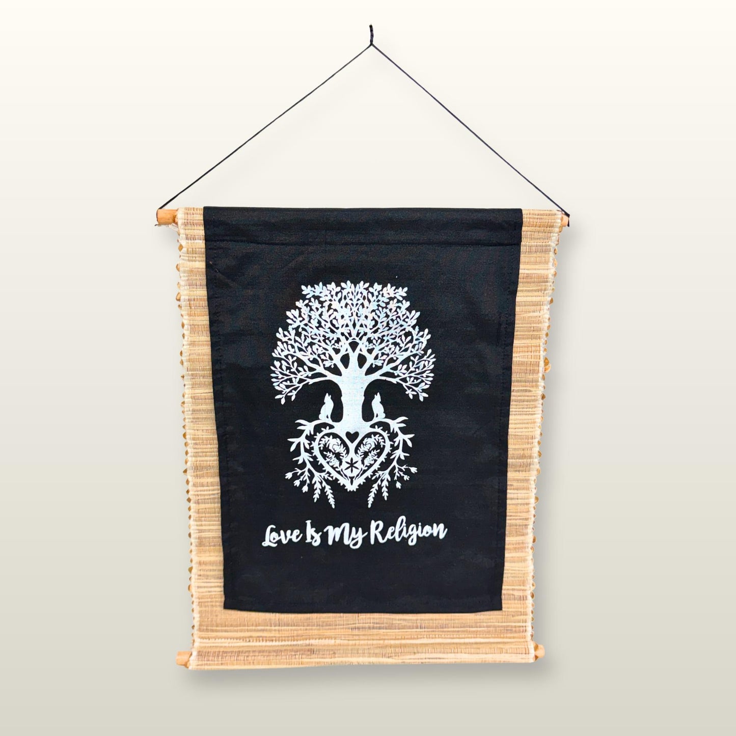 Love is My Religion Woven Abaca Fiber Banner: Tree of Life Affirmation Wall Art