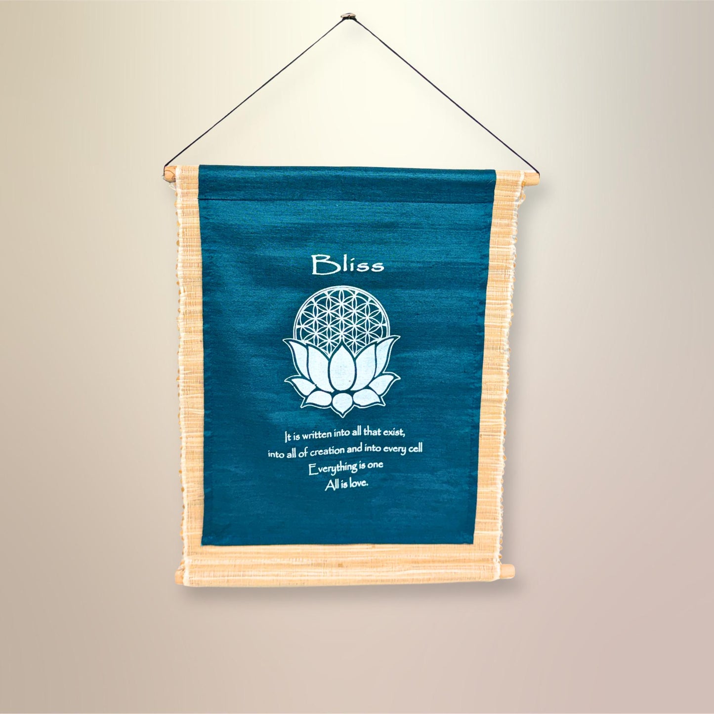 Teal All is Love Hand-Woven Abaca Fiber Flower of Life Affirmation Wall Art