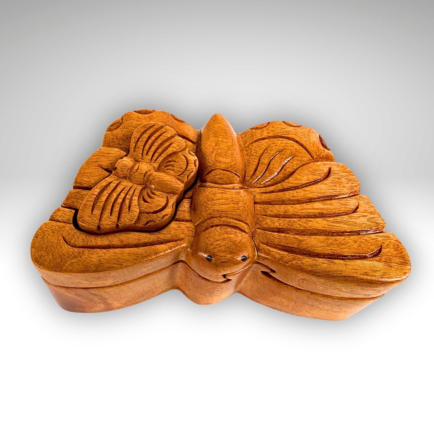 Hand Carved Double Butterfly Secret Puzzle Box: Wood Trinket Stash Box
