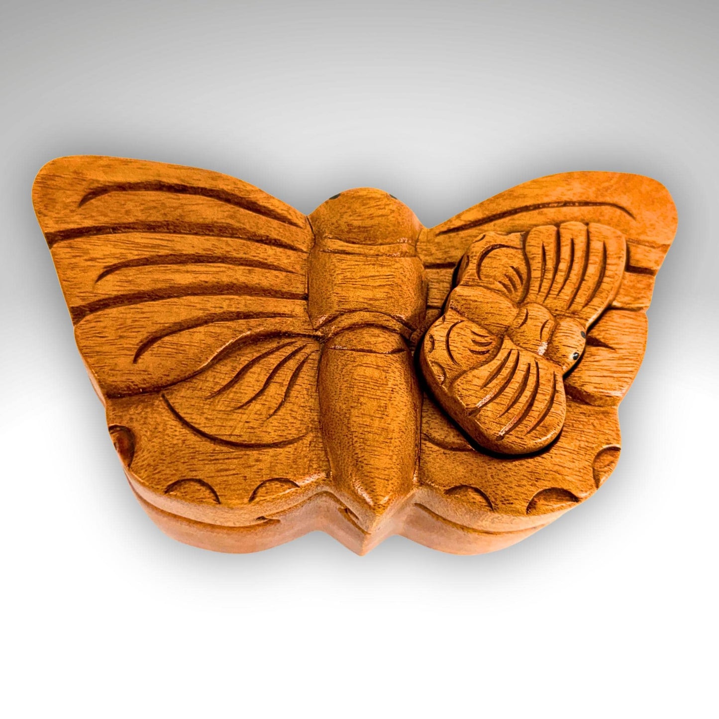 Hand Carved Double Butterfly Secret Puzzle Box: Wood Trinket Stash Box