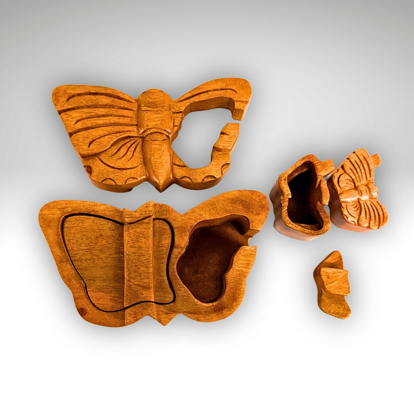 Hand Carved Double Butterfly Secret Puzzle Box: Wood Trinket Stash Box