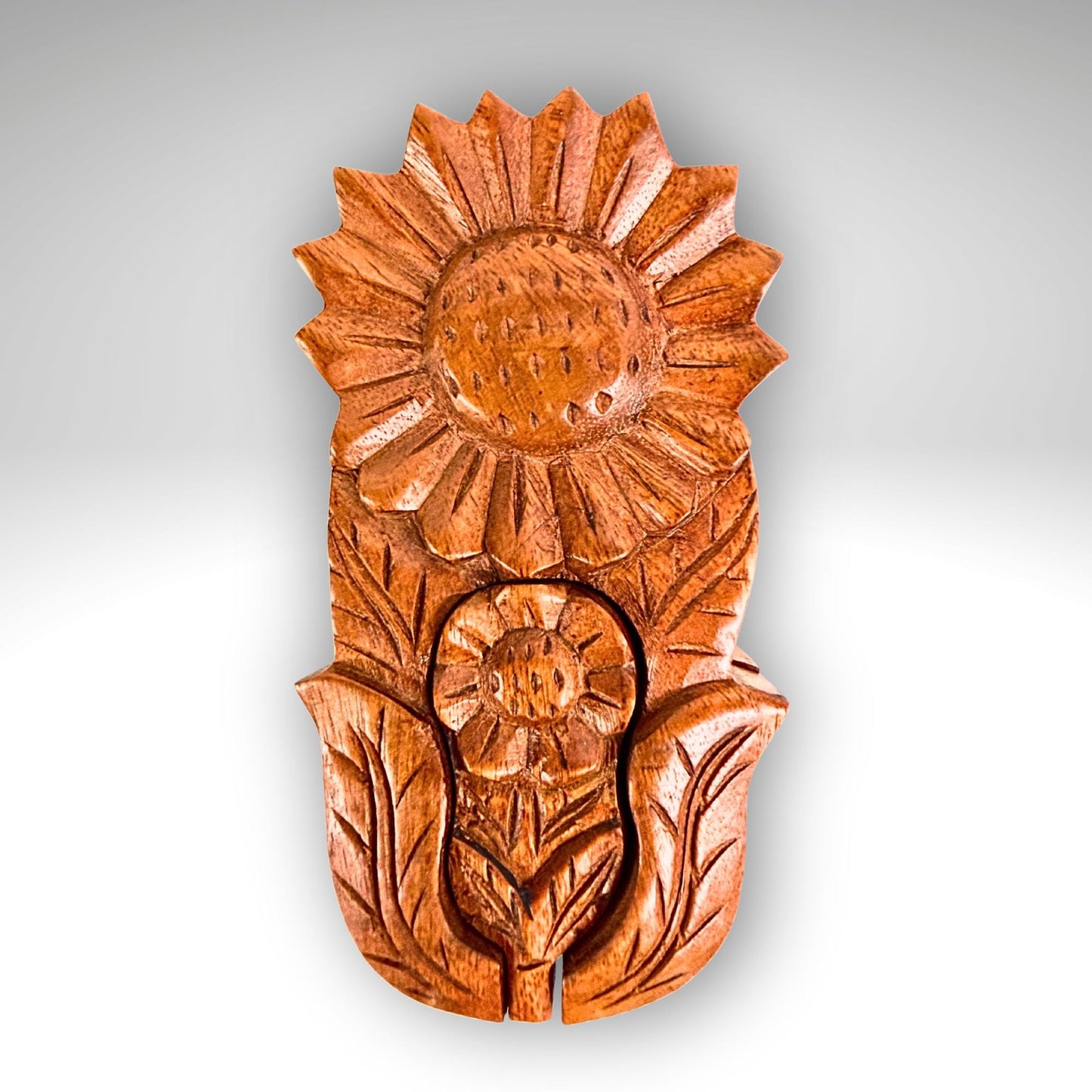 Hand Carved Double Sunflower Secret Box: Wood Puzzle Stash Box