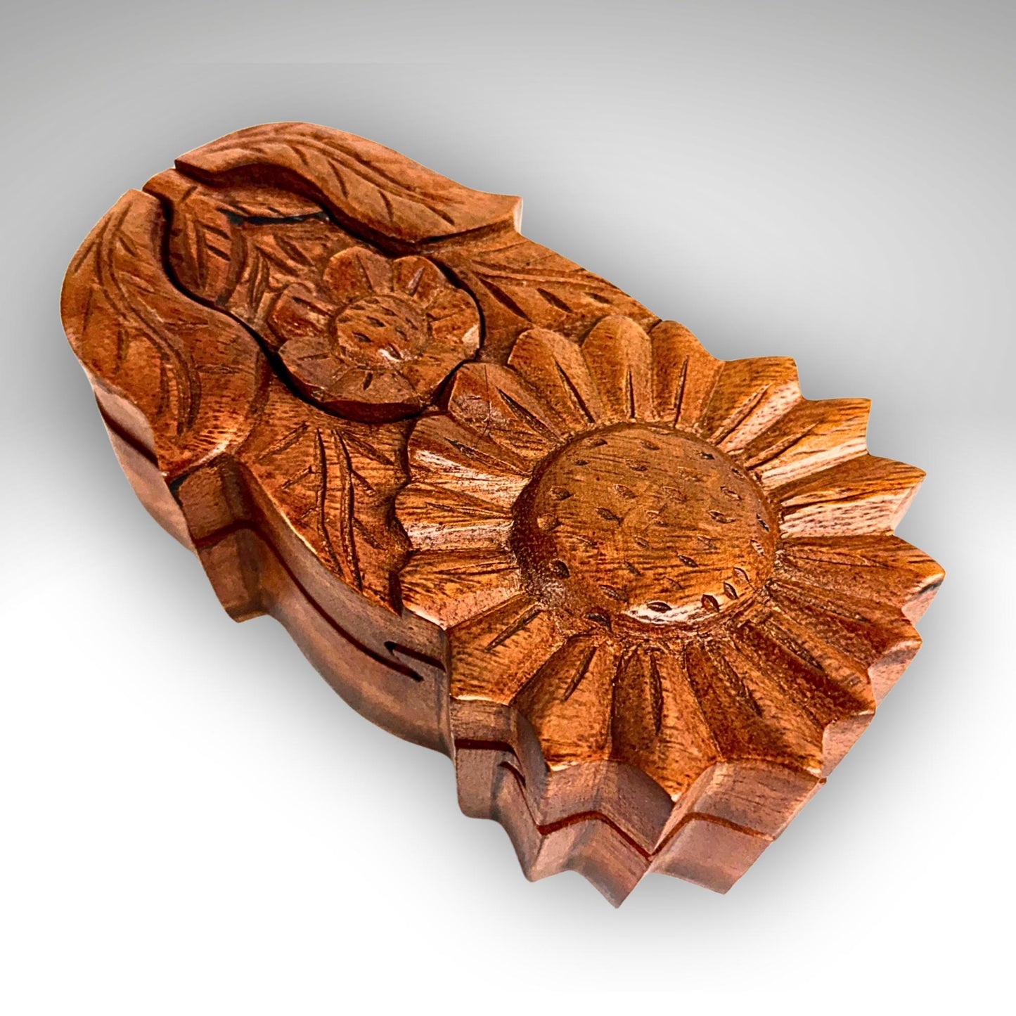 Hand Carved Double Sunflower Secret Box: Wood Puzzle Stash Box
