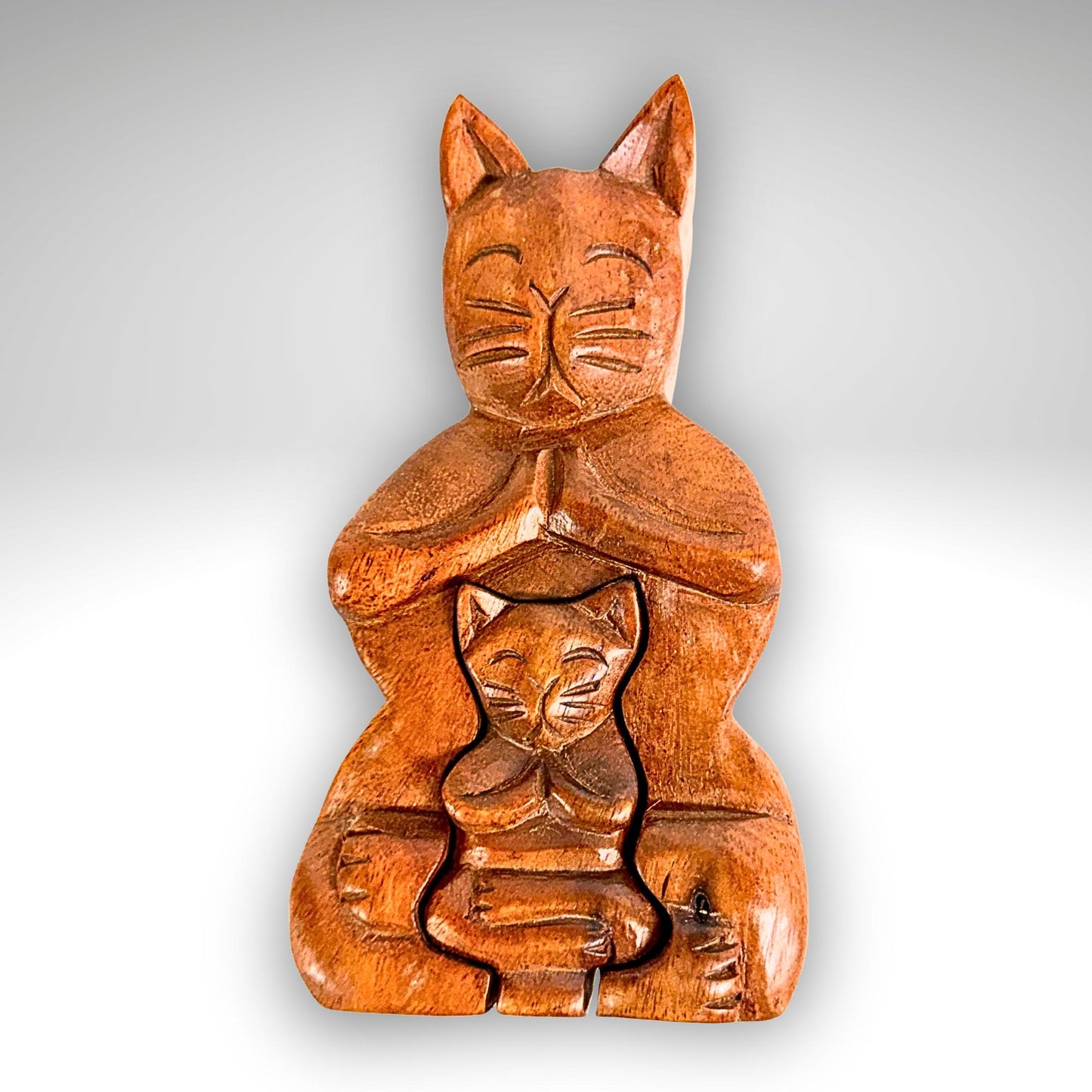 Namaste Yoga Cat w/Baby Secret puzzle Box Stash Trinket carved wood Bali Art