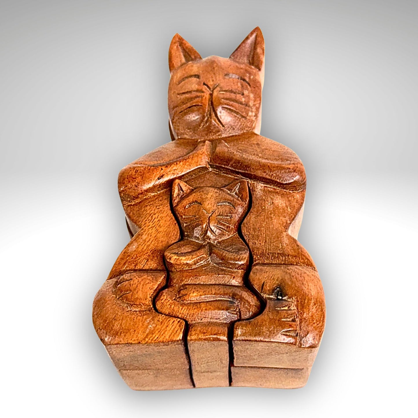 Namaste Yoga Cat w/Baby Secret puzzle Box Stash Trinket carved wood Bali Art