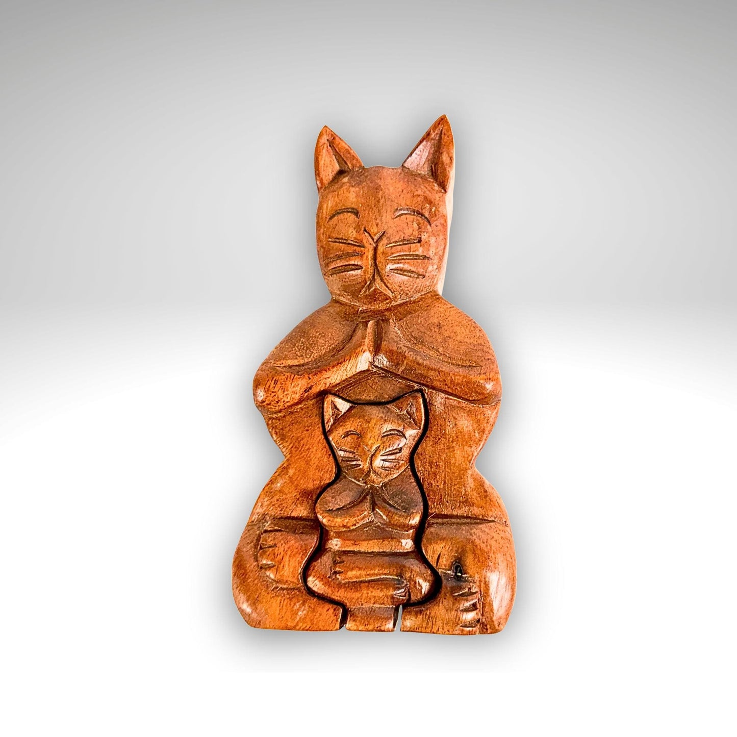 Namaste Yoga Cat w/Baby Secret puzzle Box Stash Trinket carved wood Bali Art