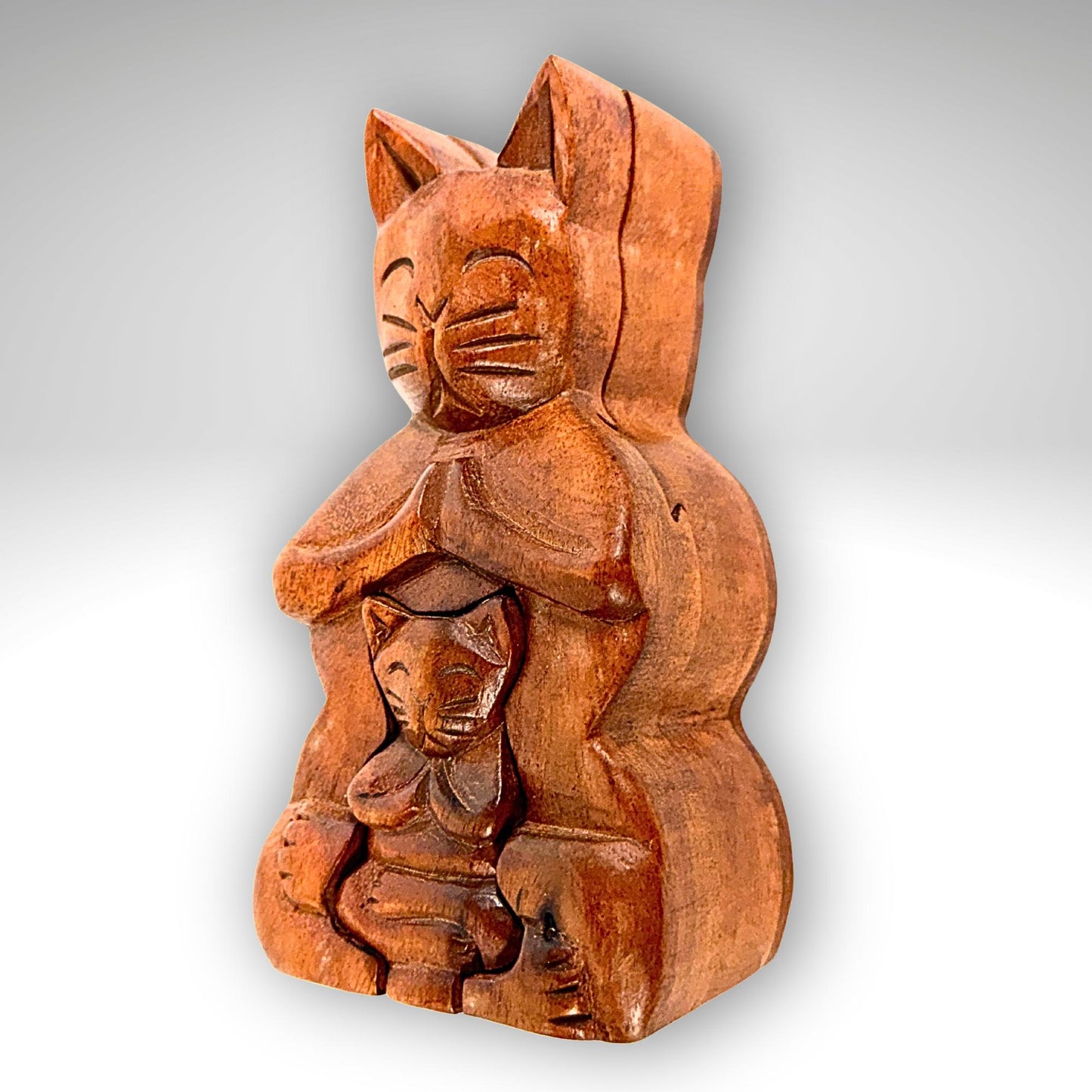 Namaste Yoga Cat w/Baby Secret puzzle Box Stash Trinket carved wood Bali Art