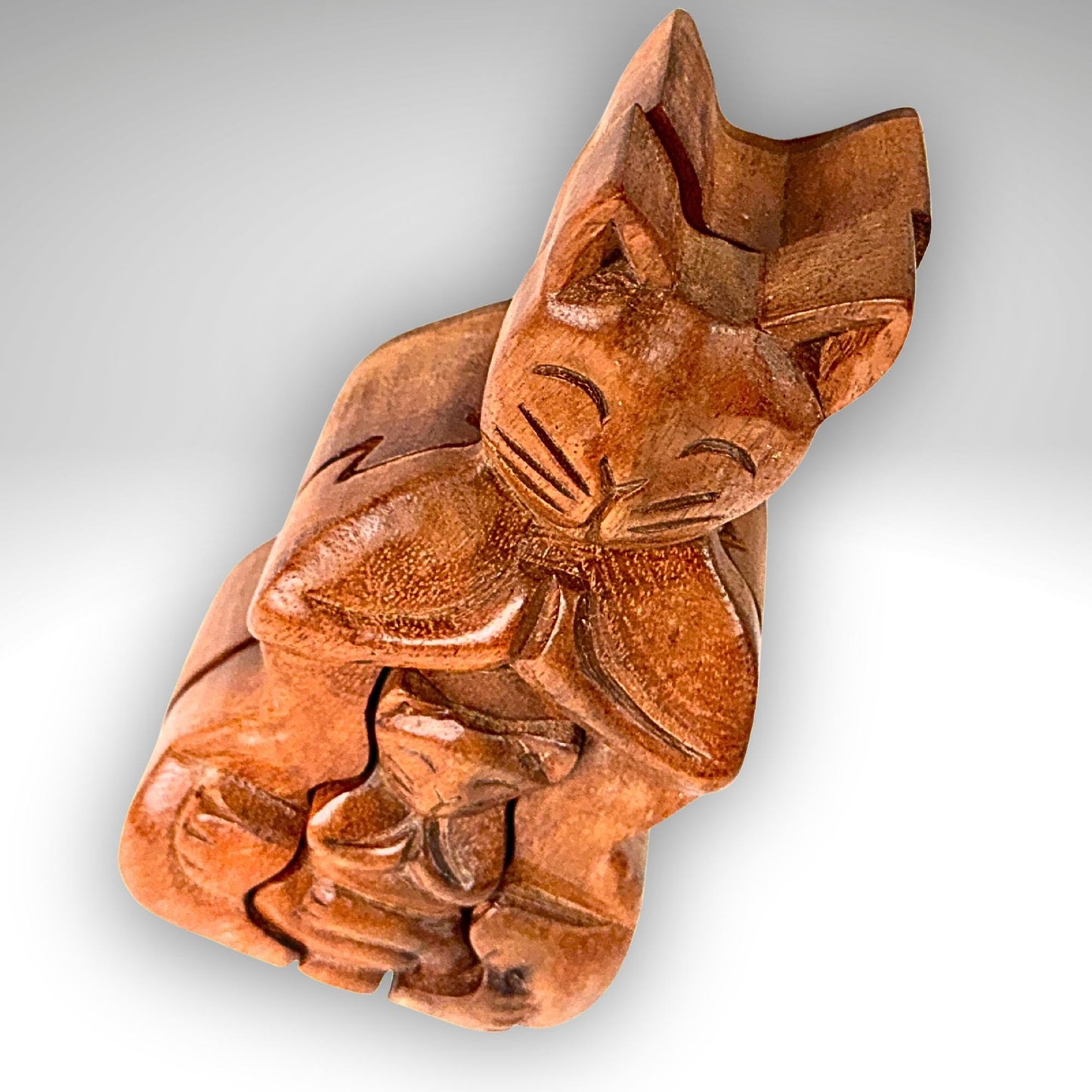 Namaste Yoga Cat w/Baby Secret puzzle Box Stash Trinket carved wood Bali Art