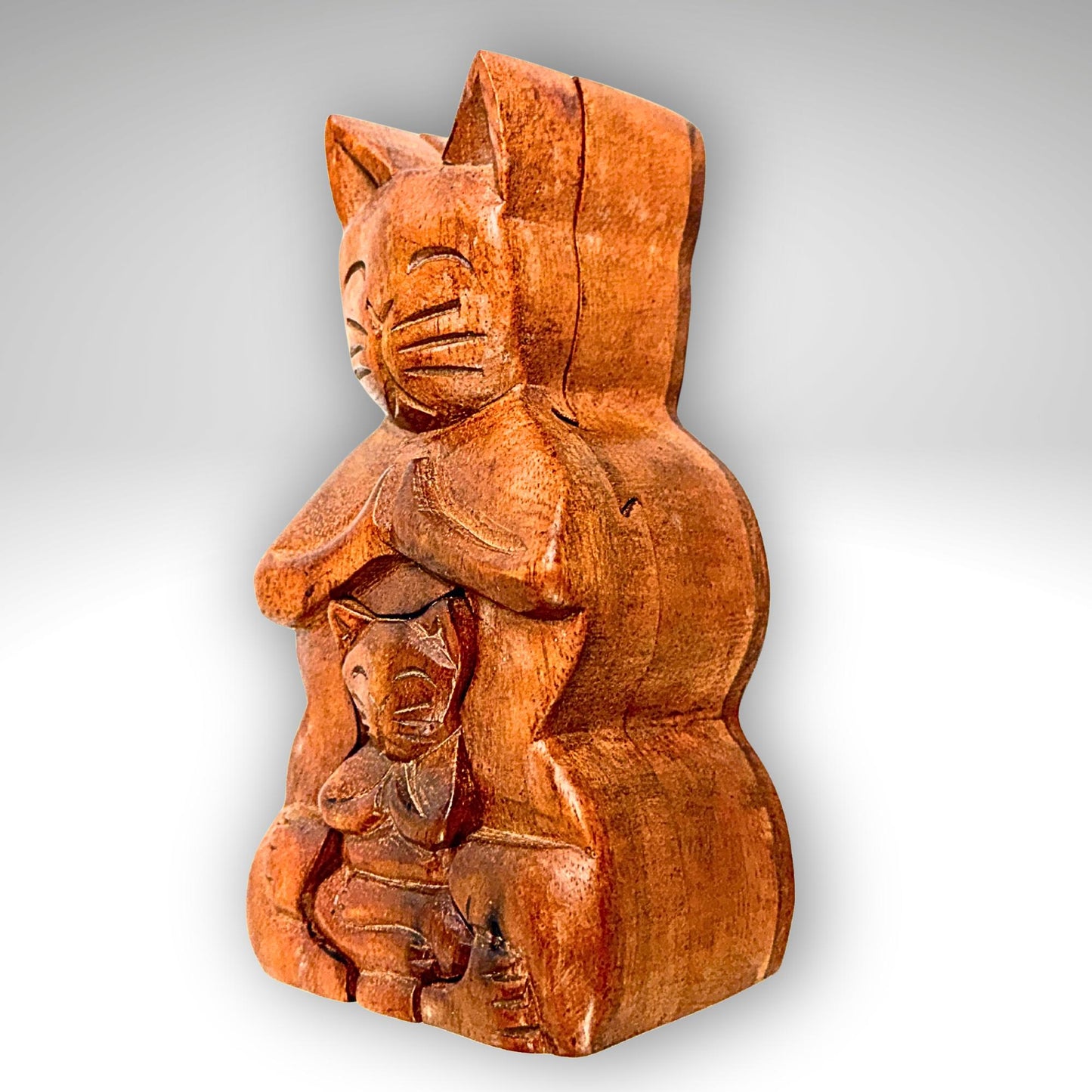 Namaste Yoga Cat w/Baby Secret puzzle Box Stash Trinket carved wood Bali Art