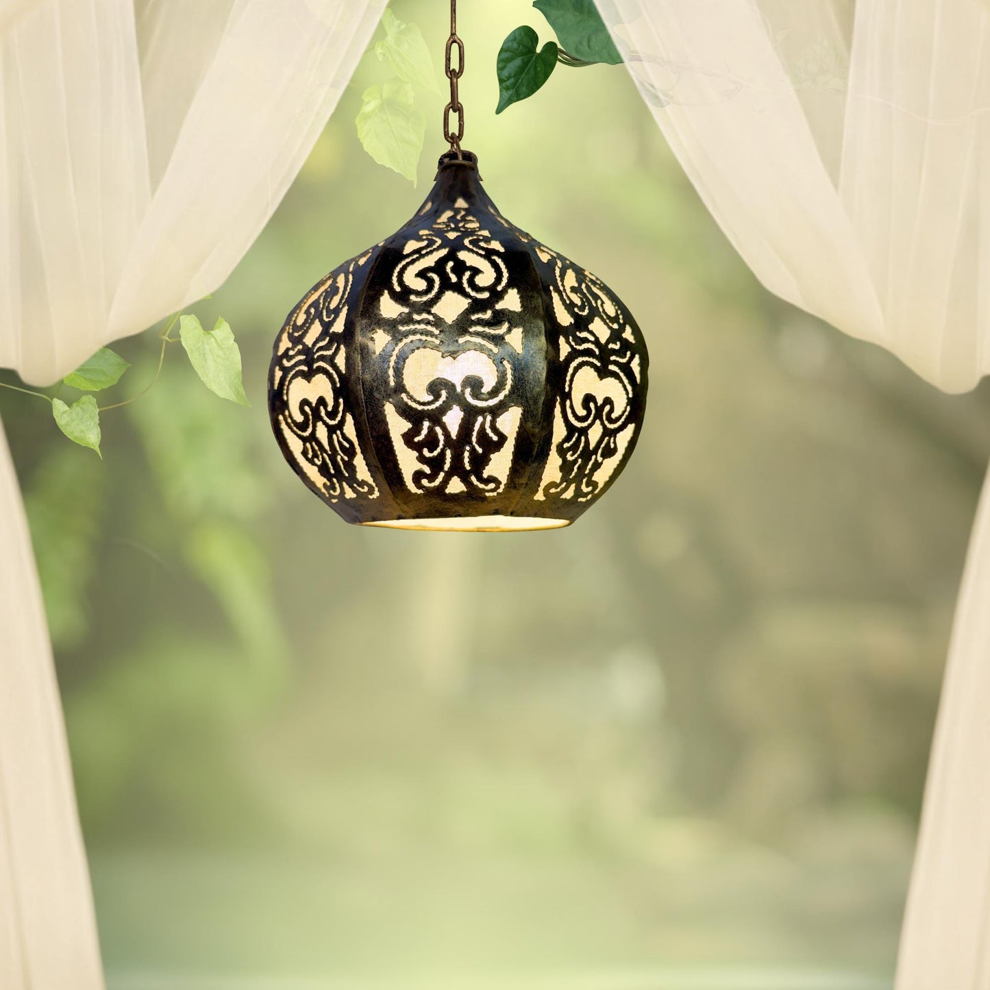 Bohemian Lotus Pendant  Lamp,  Hanging  Moroccan Style metal Lantern, Burnished Gold