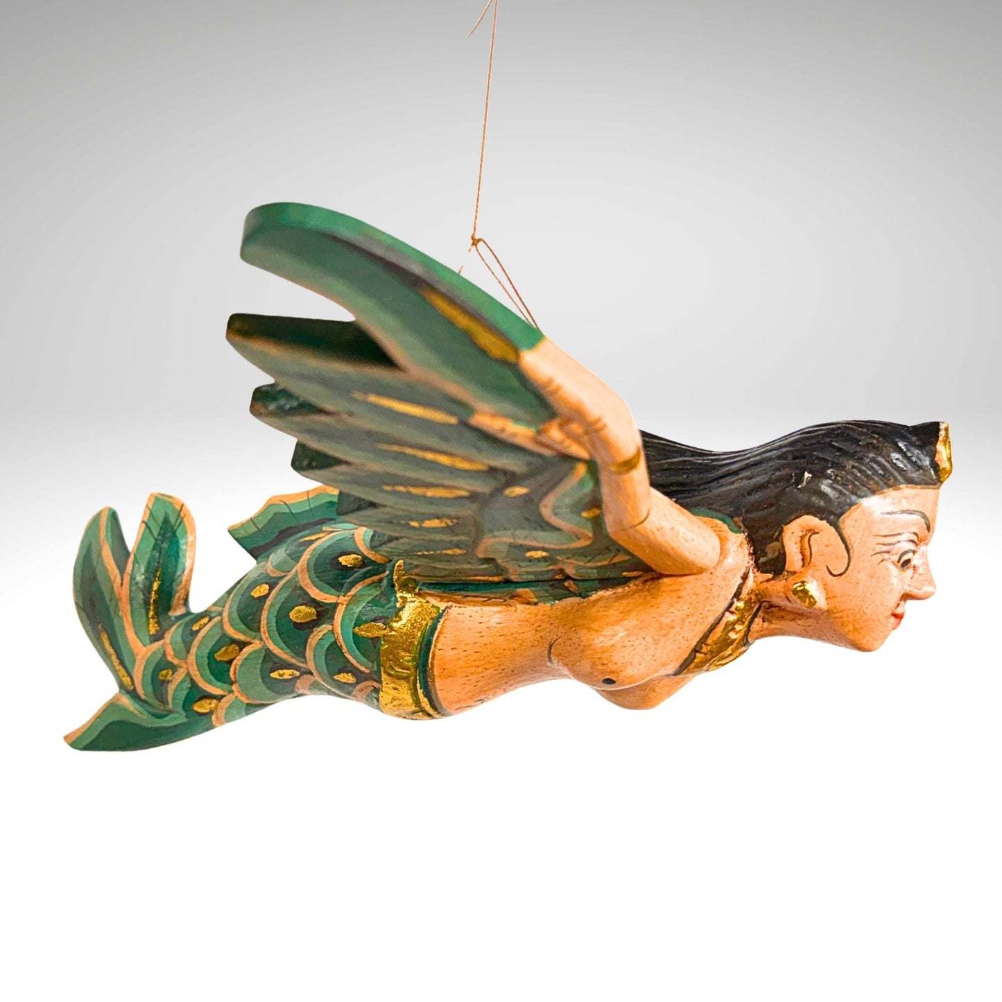 Balinese Flying Mermaid Goddess Spiritchaser Mobile: Hand Carved Wood, Bali Folk Art 8"