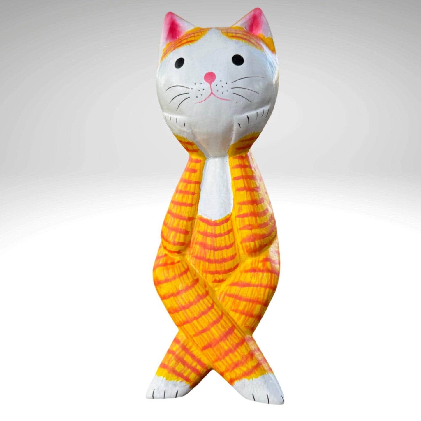 Surprised Cat Shelf Sitter Statue,  Hand Carved Wood & Colorfully Painted, Balinese Folk Art
