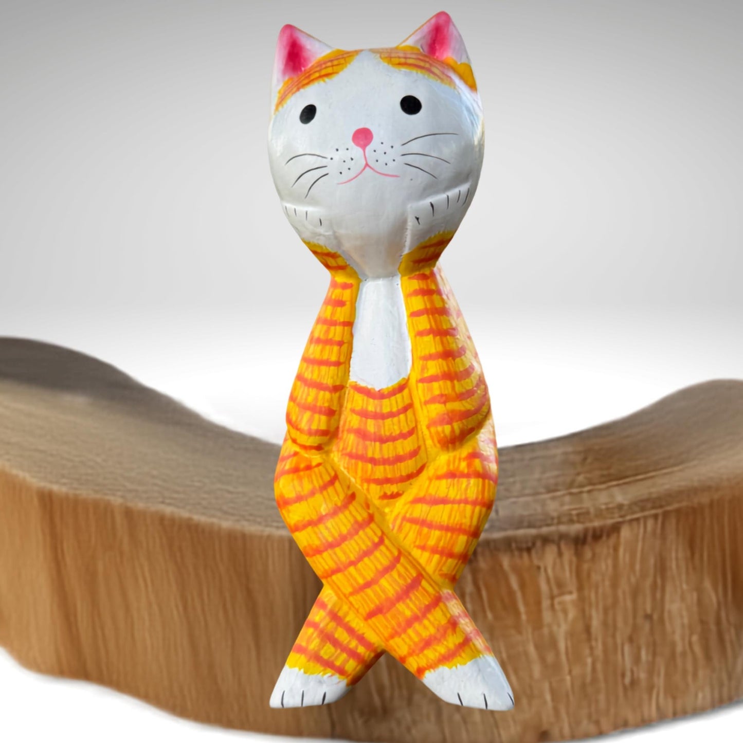 Surprised Cat Shelf Sitter Statue,  Hand Carved Wood & Colorfully Painted, Balinese Folk Art