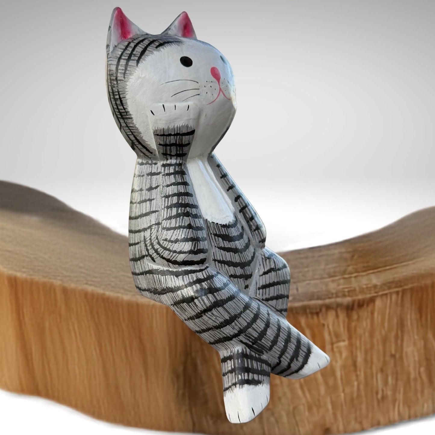 Surprised Cat Shelf Sitter Statue,  Hand Carved Wood & Colorfully Painted, Balinese Folk Art