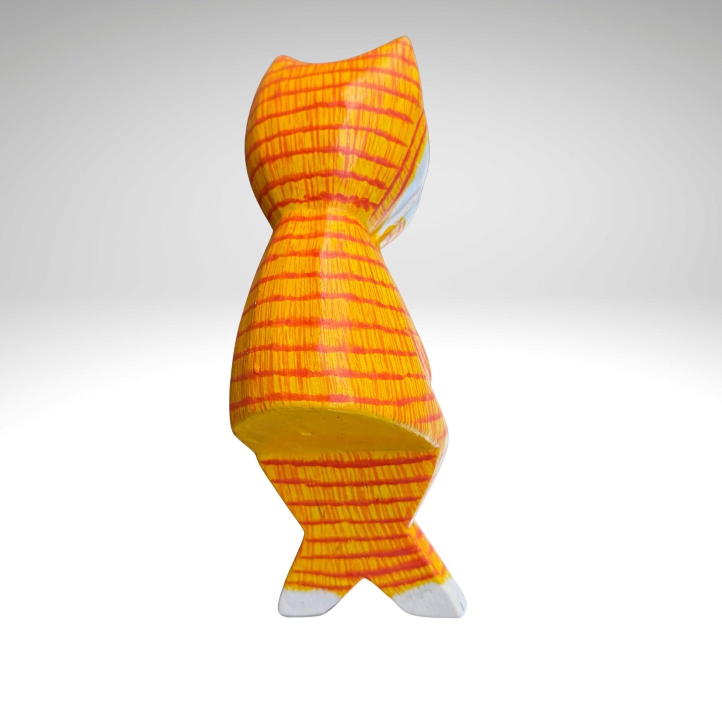 Surprised Cat Shelf Sitter Statue,  Hand Carved Wood & Colorfully Painted, Balinese Folk Art