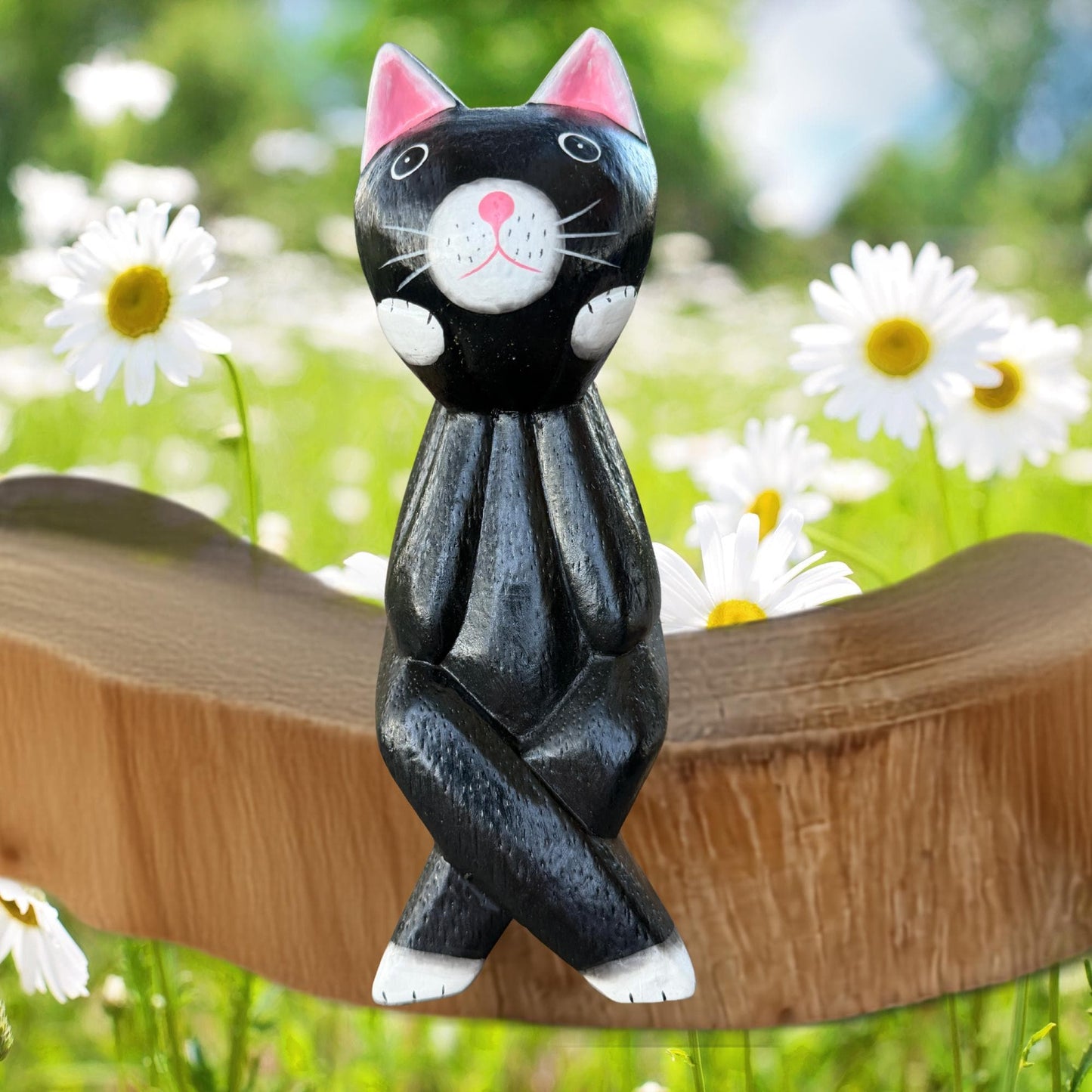 Surprised Cat Shelf Sitter Statue,  Hand Carved Wood & Colorfully Painted, Balinese Folk Art