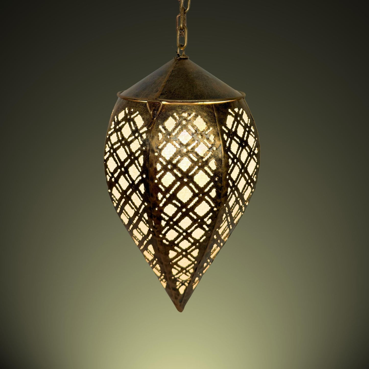 Bohemian Teardrop Metal Lamp, Moroccan Style Lantern, Burnished Gold