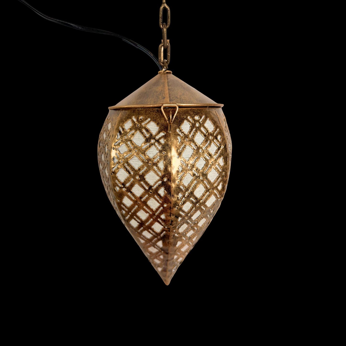 Bohemian Teardrop Metal Lamp, Moroccan Style Lantern, Burnished Gold
