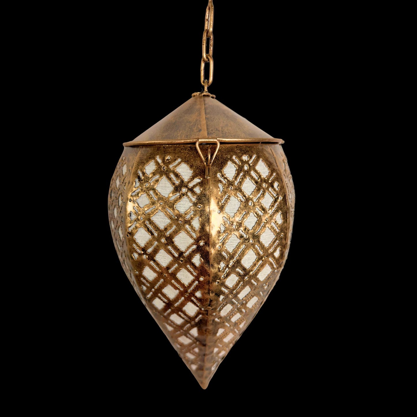 Bohemian Teardrop Metal Lamp, Moroccan Style Lantern, Burnished Gold