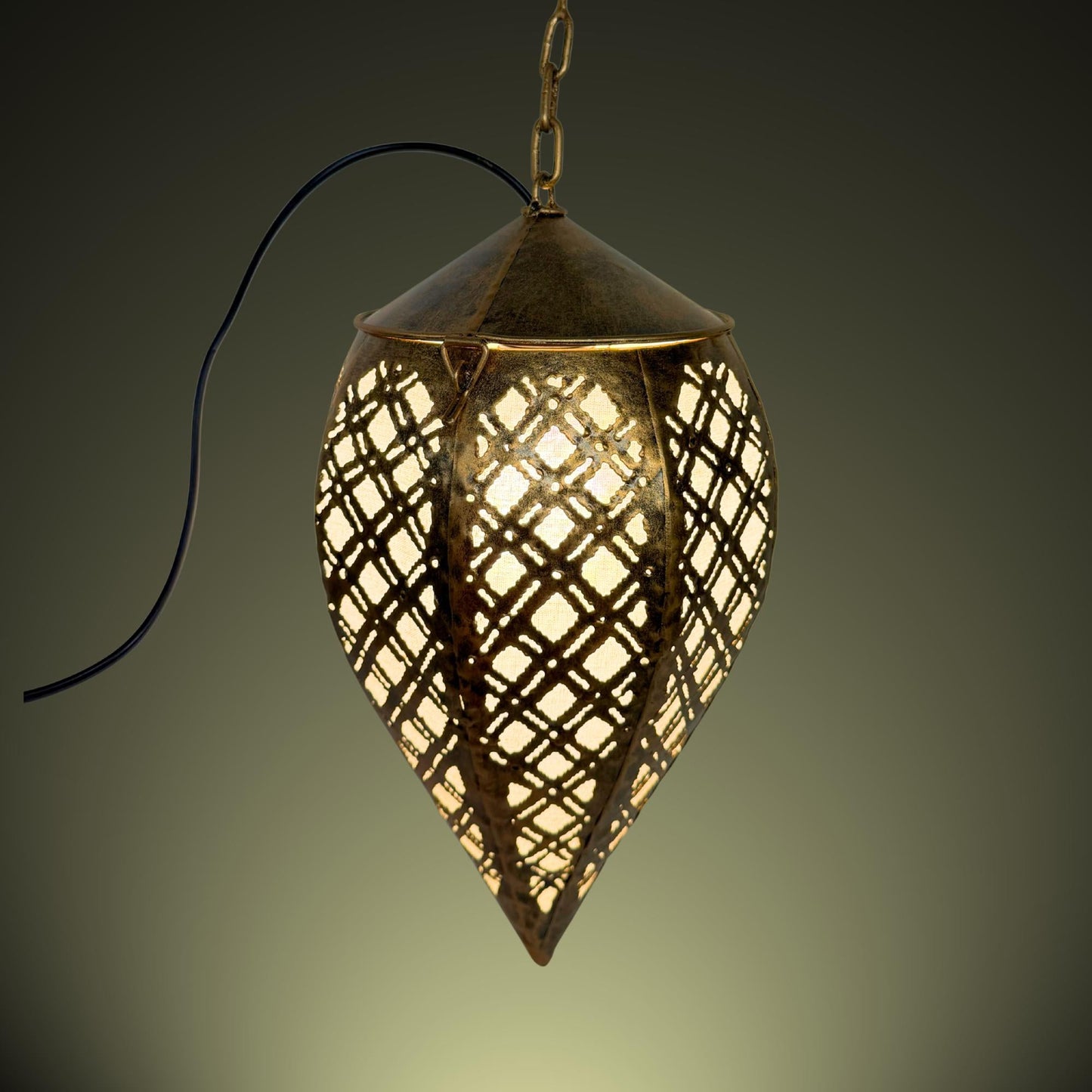 Bohemian Teardrop Metal Lamp, Moroccan Style Lantern, Burnished Gold
