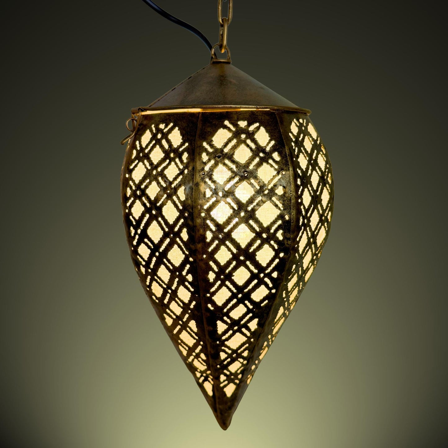 Bohemian Teardrop Metal Lamp, Moroccan Style Lantern, Burnished Gold