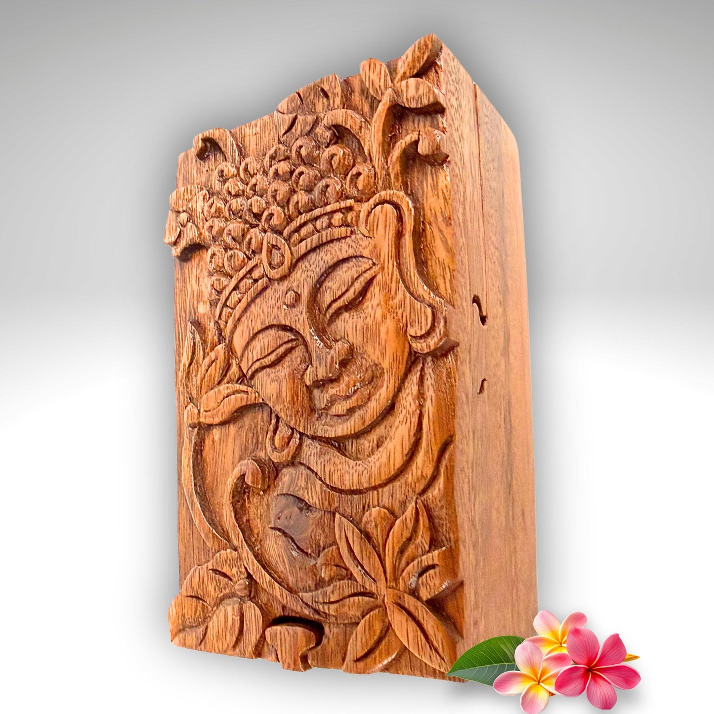 Carved Wood Buddha & Sacred Lotus Puzzle Box, Secret Stash Box