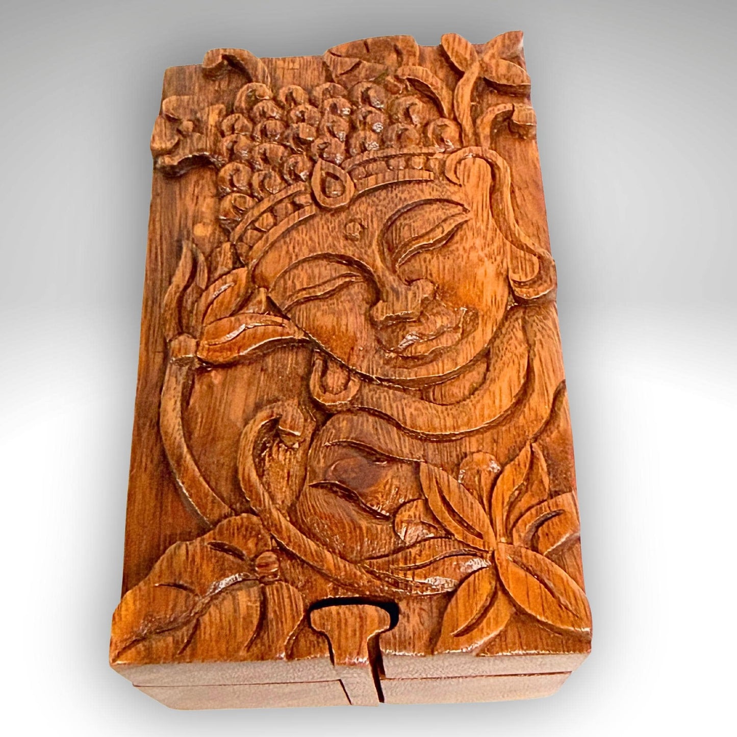 Carved Wood Buddha & Sacred Lotus Puzzle Box, Secret Stash Box